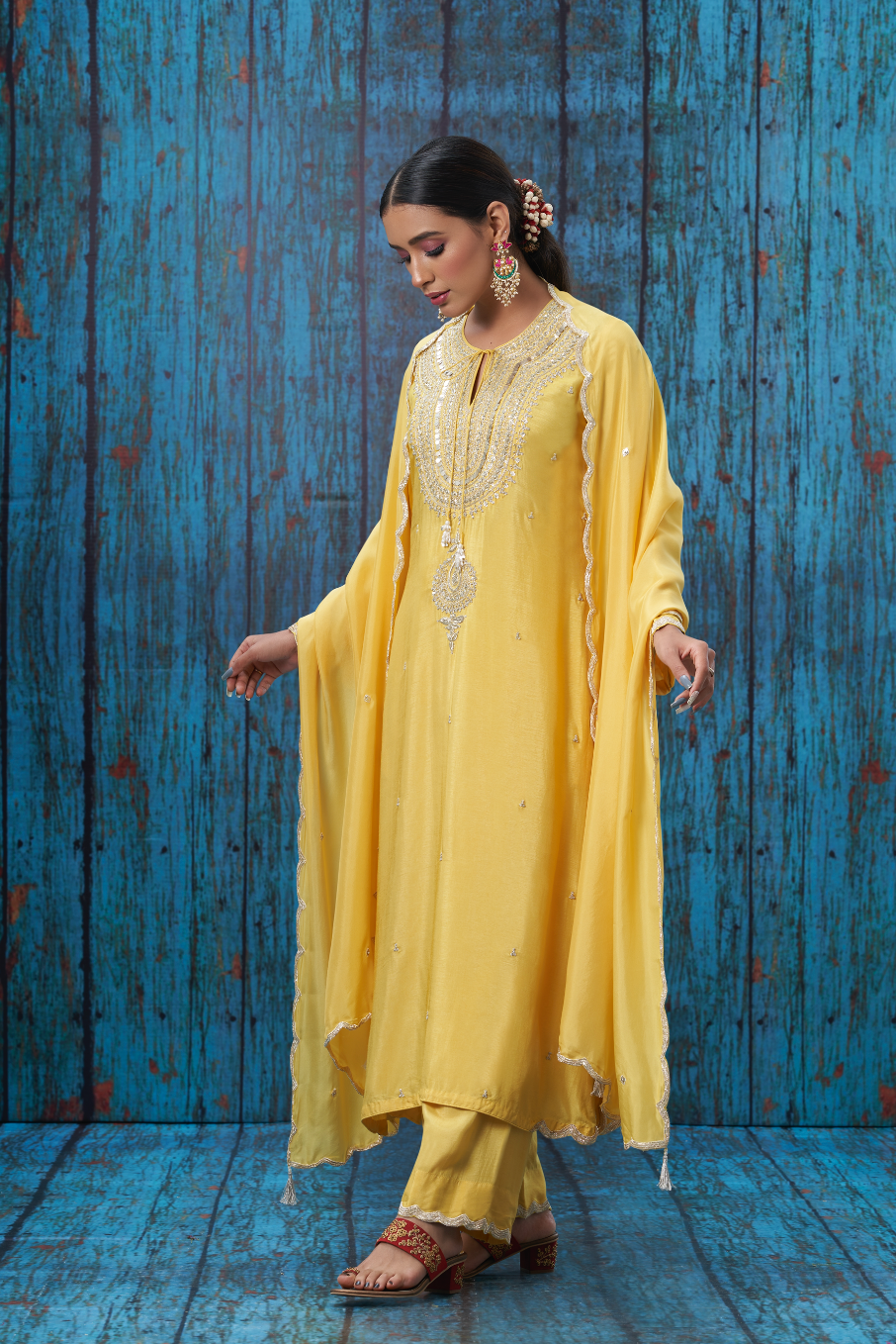 Yellow Tikki and Silver Zardozi Kurta Set