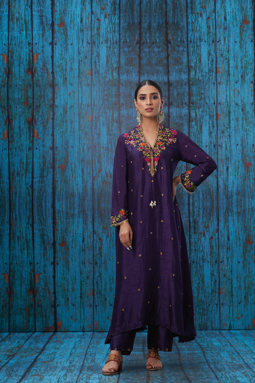 Purple Multicolor French Knot Kurta Set