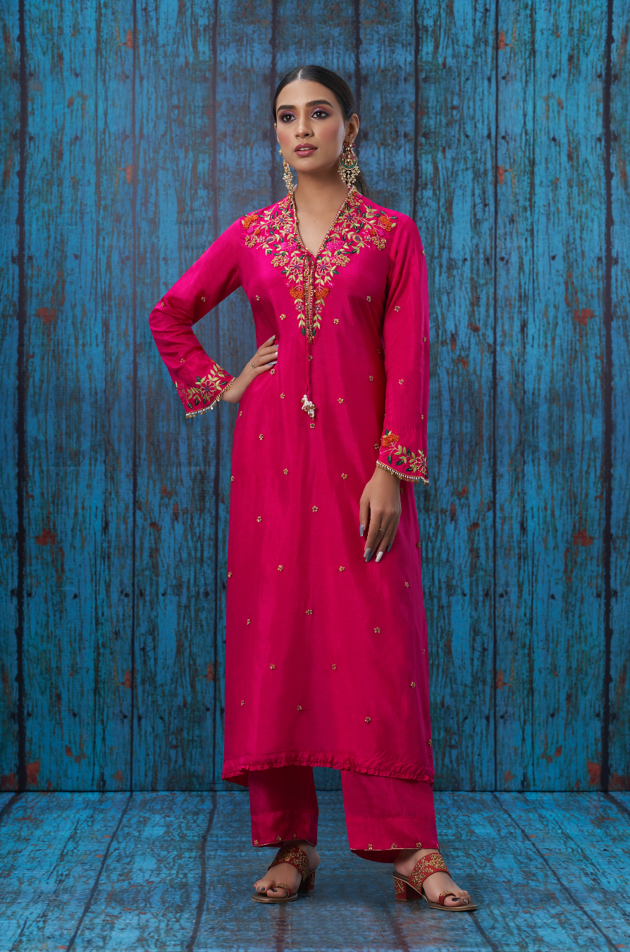 Pink Multicolor French Knot Kurta Set