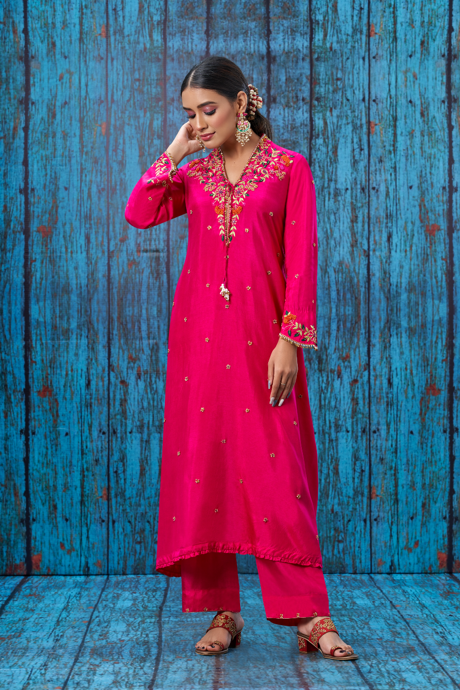 Pink Multicolor French Knot Kurta Set