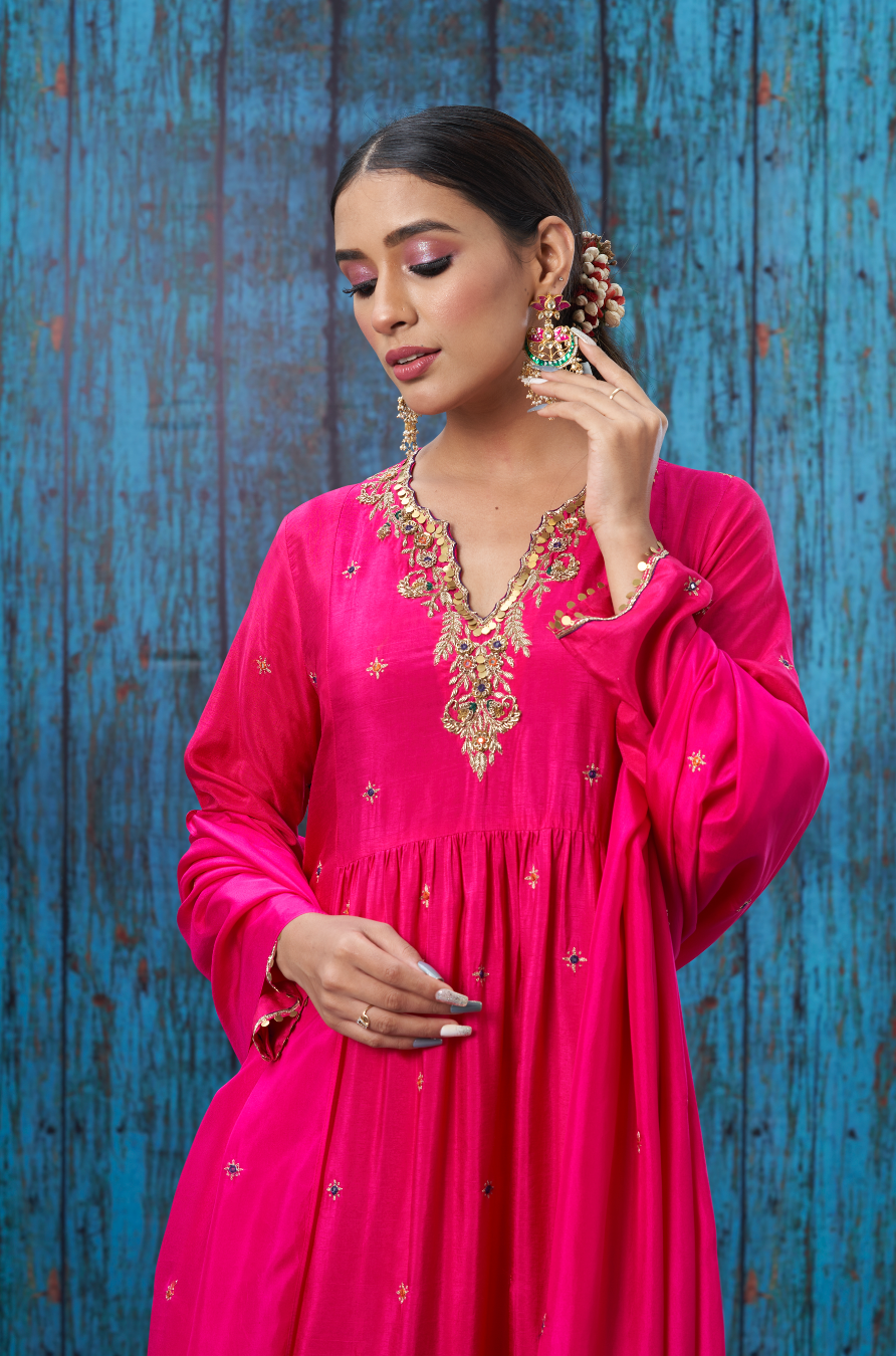 Multicolor Pink Zardozi Frockstyle