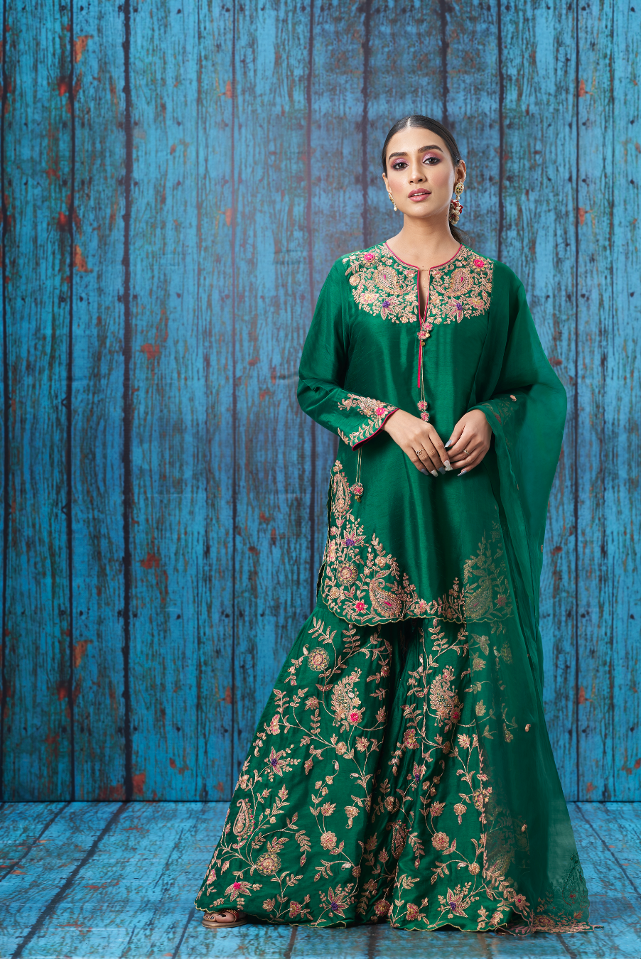 Green Kairi Buta Jaal Sharara Set