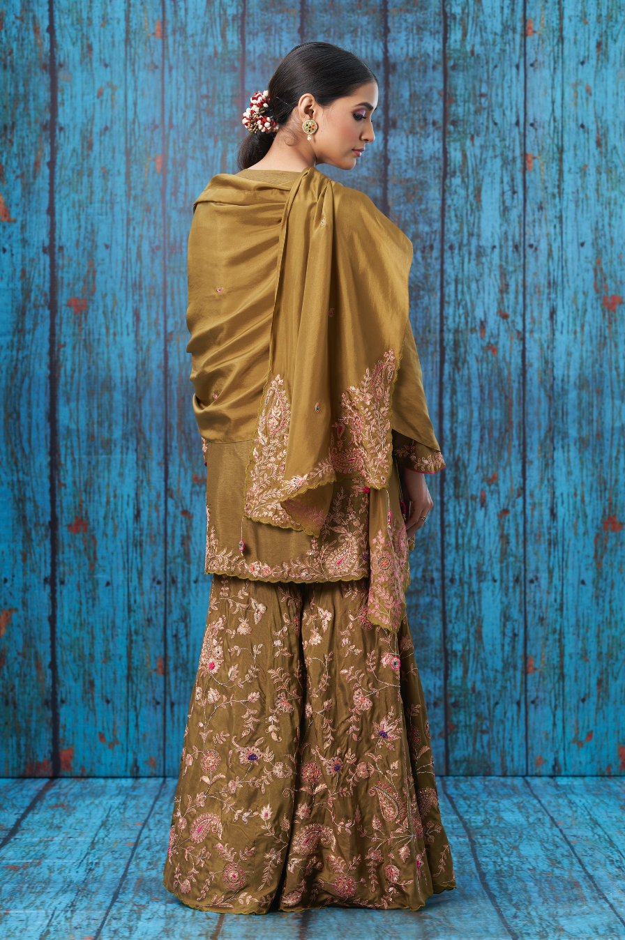 Olive Green Kairi Buta Jaal Sharara Set