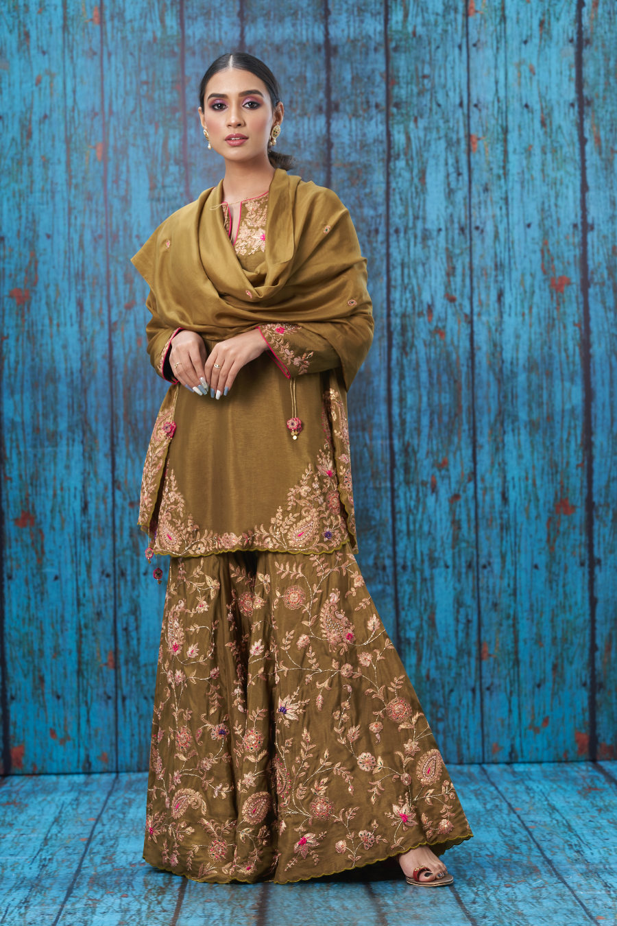 Olive Green Kairi Buta Jaal Sharara Set