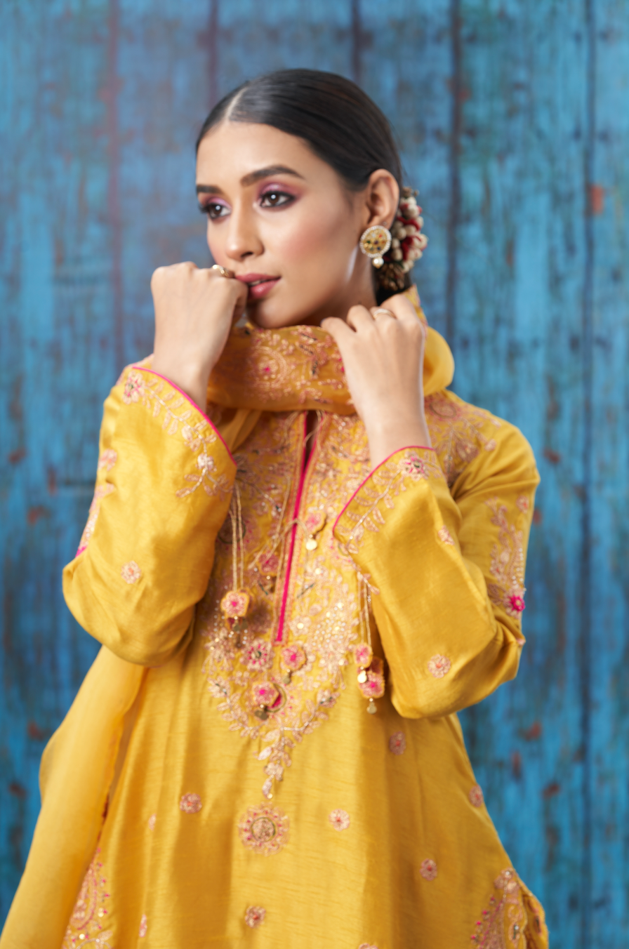 Mustard Kairi Buta Jaal Sharara Set