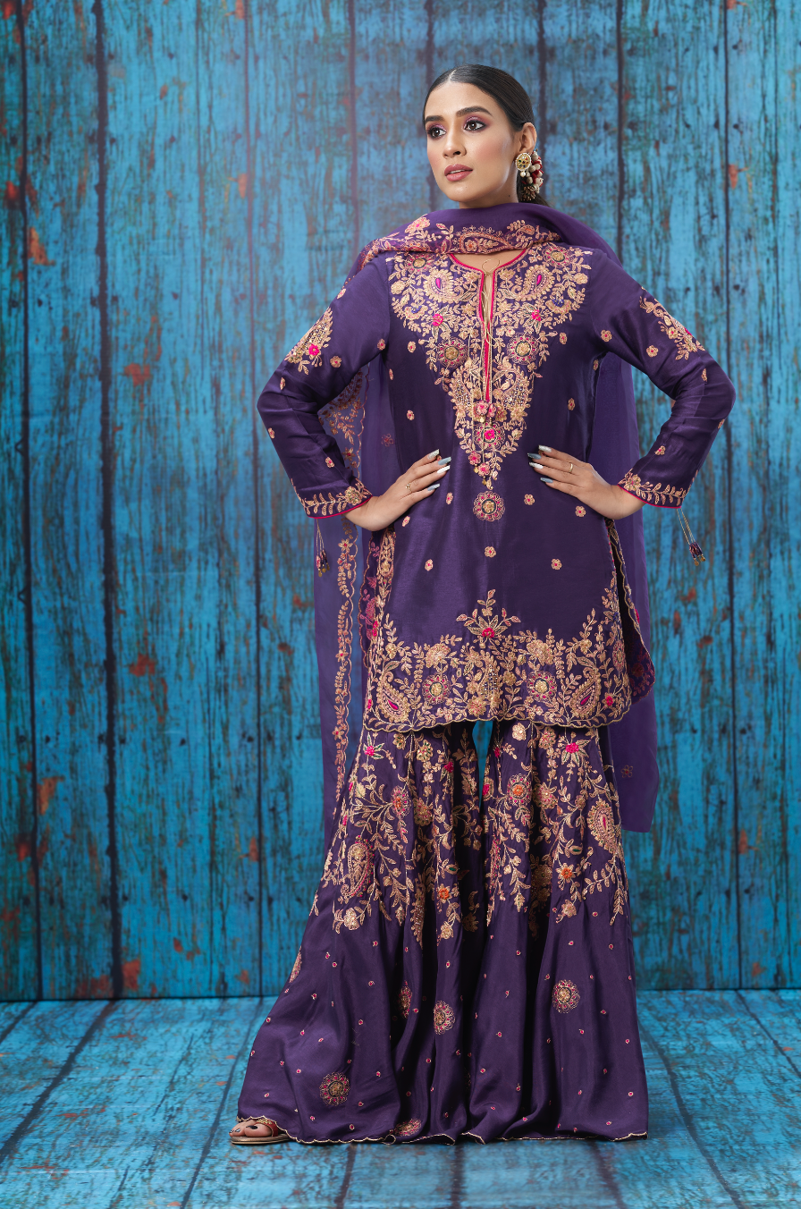Purple Kairi Buta Jaal Sharara Set