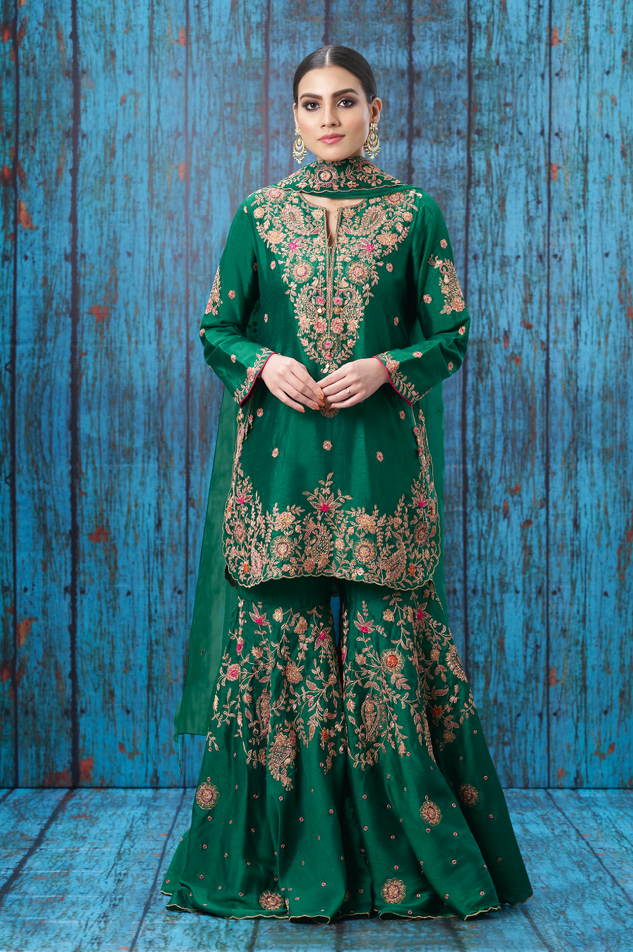 Green Kairi Buta Jaal Sharara Set