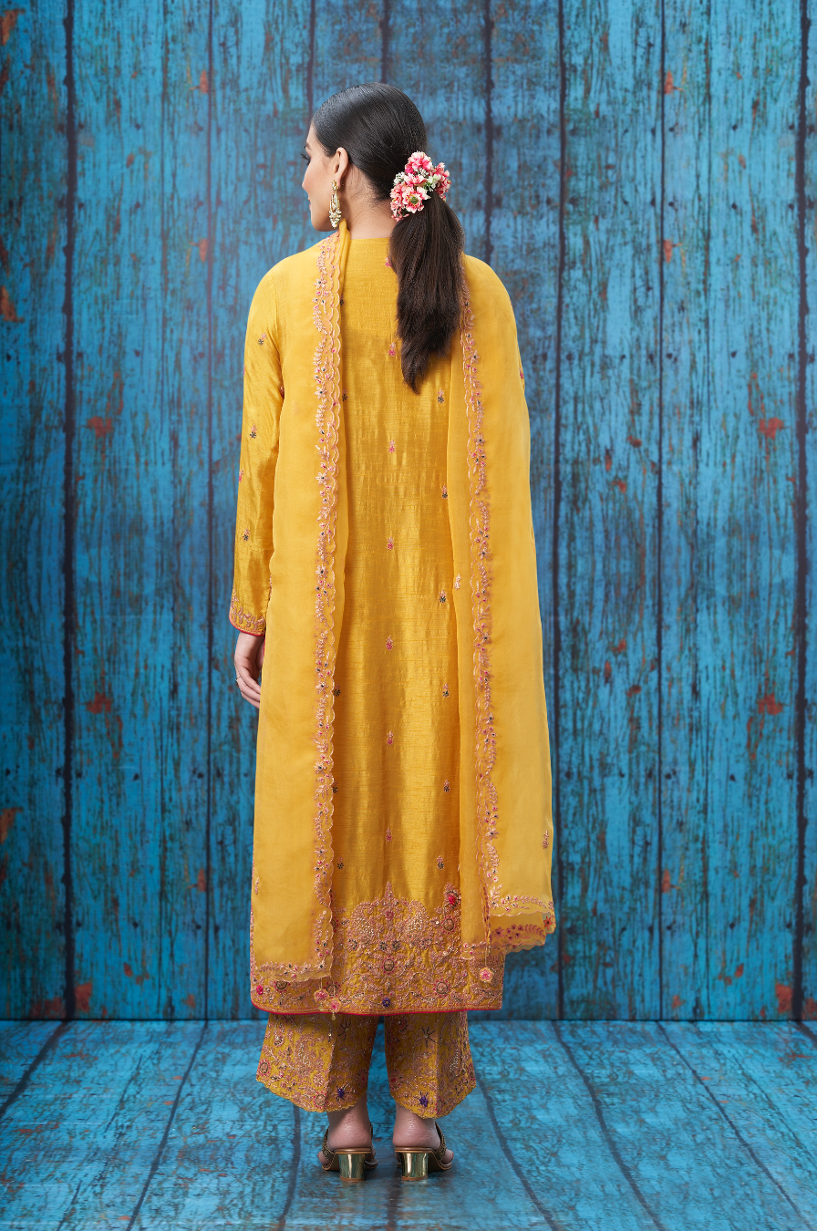Mustard Kairi Buta Jaal Long Kurta Set