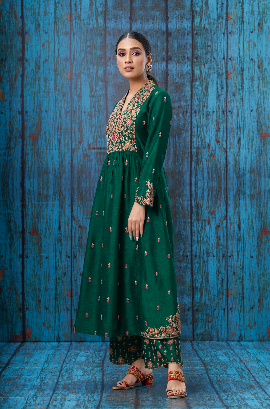 Green Kairi Buta Jaal Frockstyle