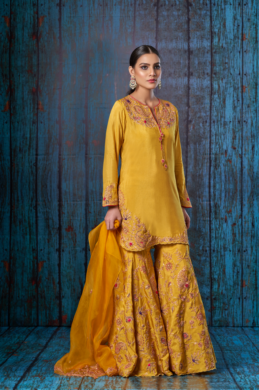 Mustard Kairi Buta Jaal Sharara Set