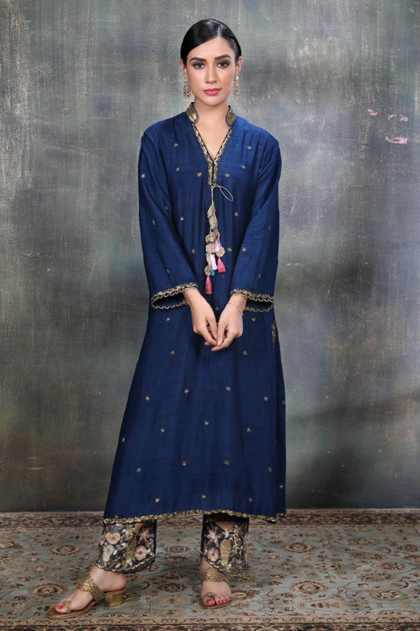 Blue Mughal Jaal Heavy Palazzo Kurta Set