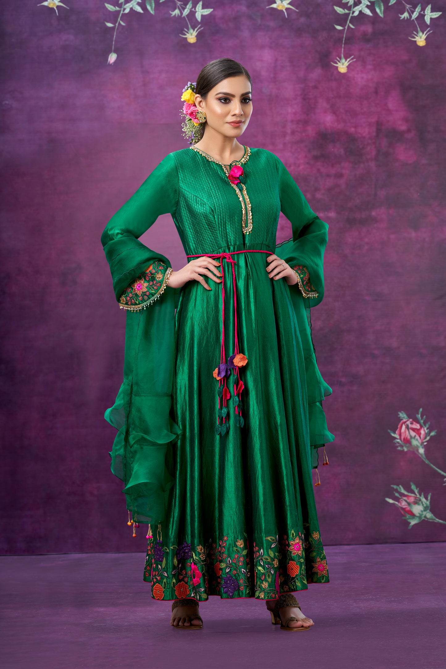 Green Floral Applique Anarkali Set