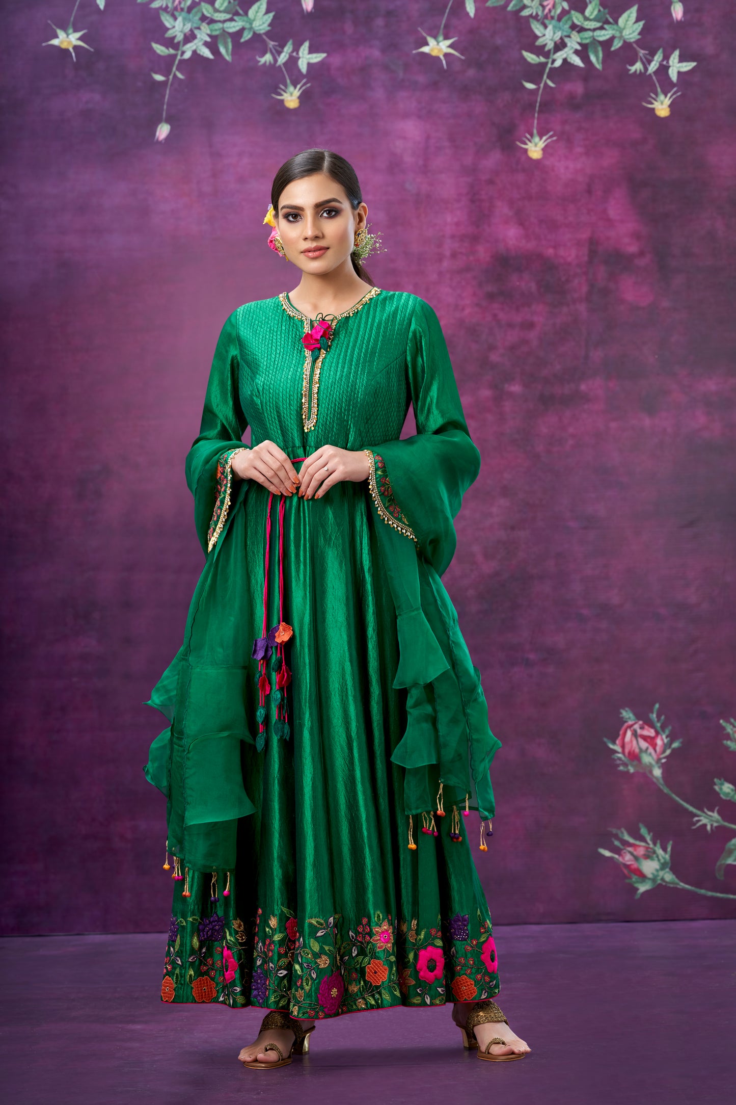 Green Floral Applique Anarkali Set