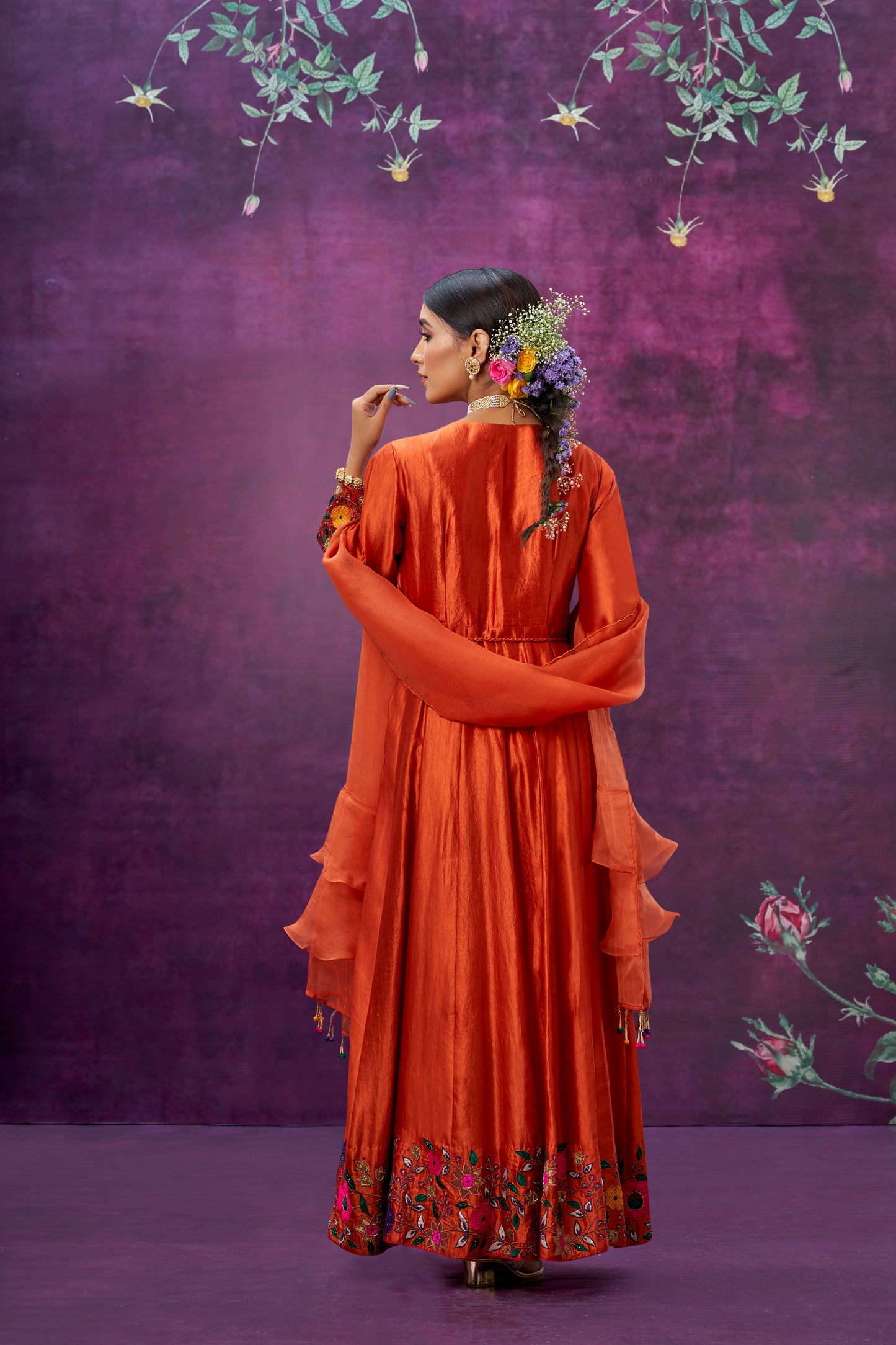 Orange Floral Applique Anarkali Set