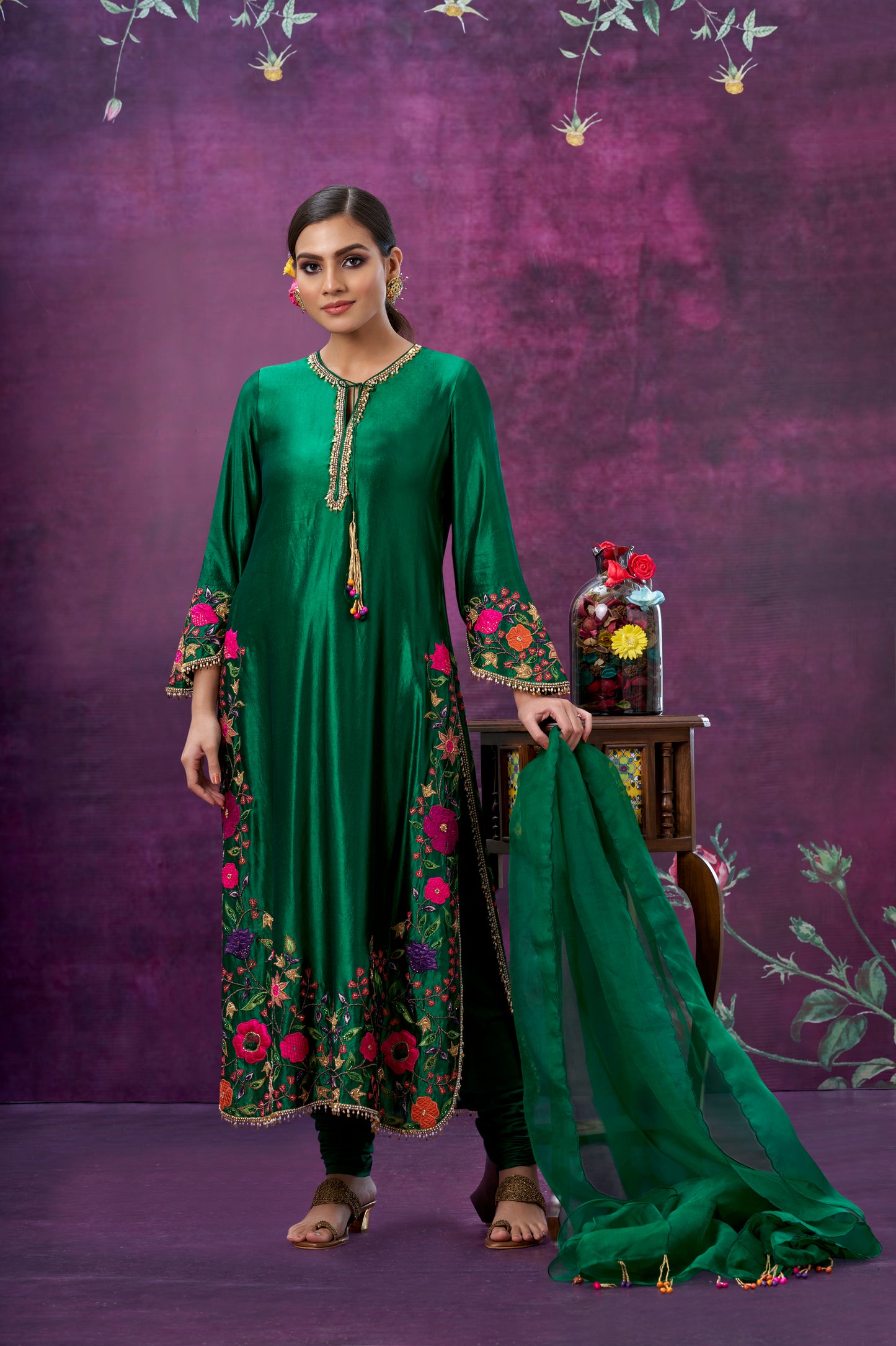 Green Floral Applique Long Kurta Set