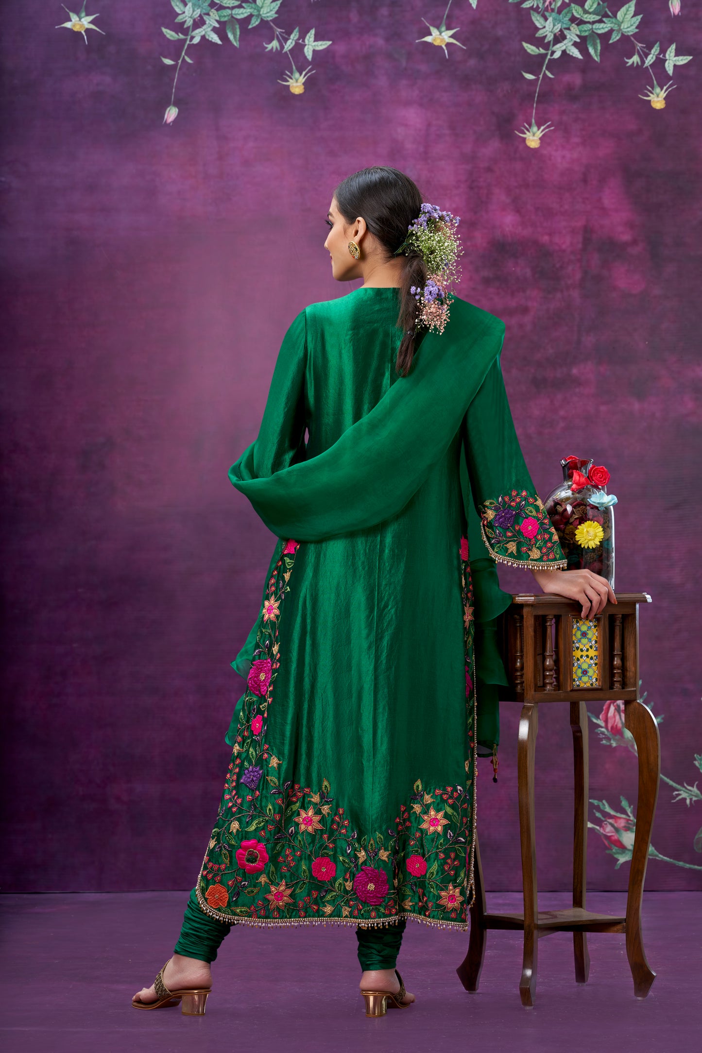 Green Floral Applique Long Kurta Set