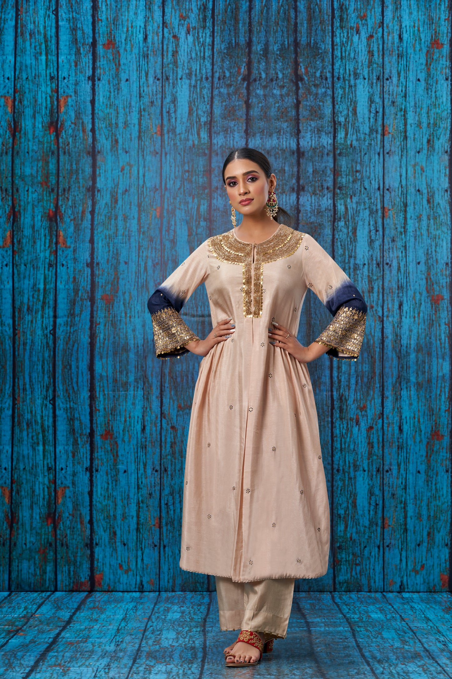 Ivory Blue Ombre Heavy Pitta Neck & Marodi Sleeves Kurta Set