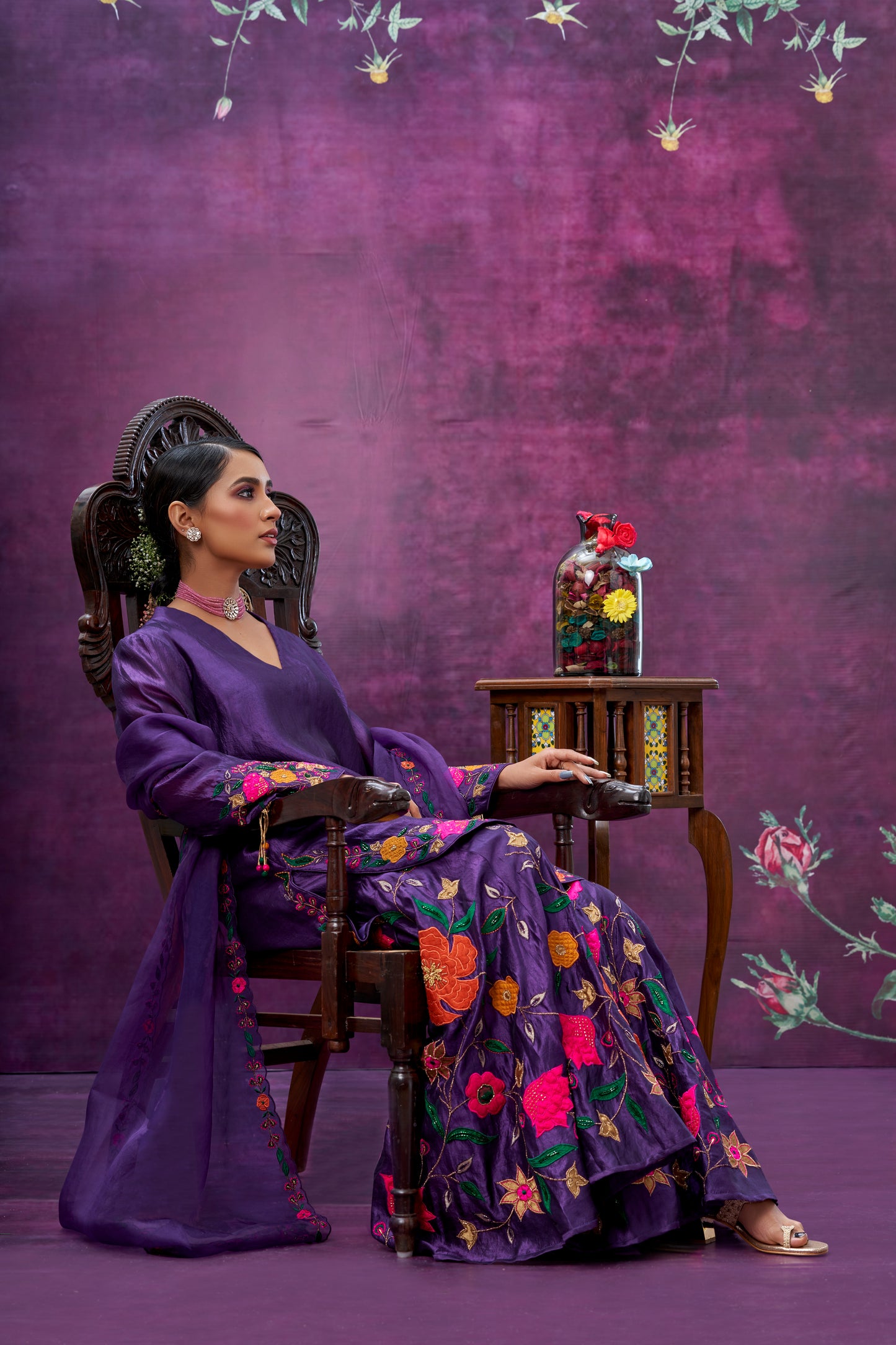 Purple Floral Applique Sharara Set