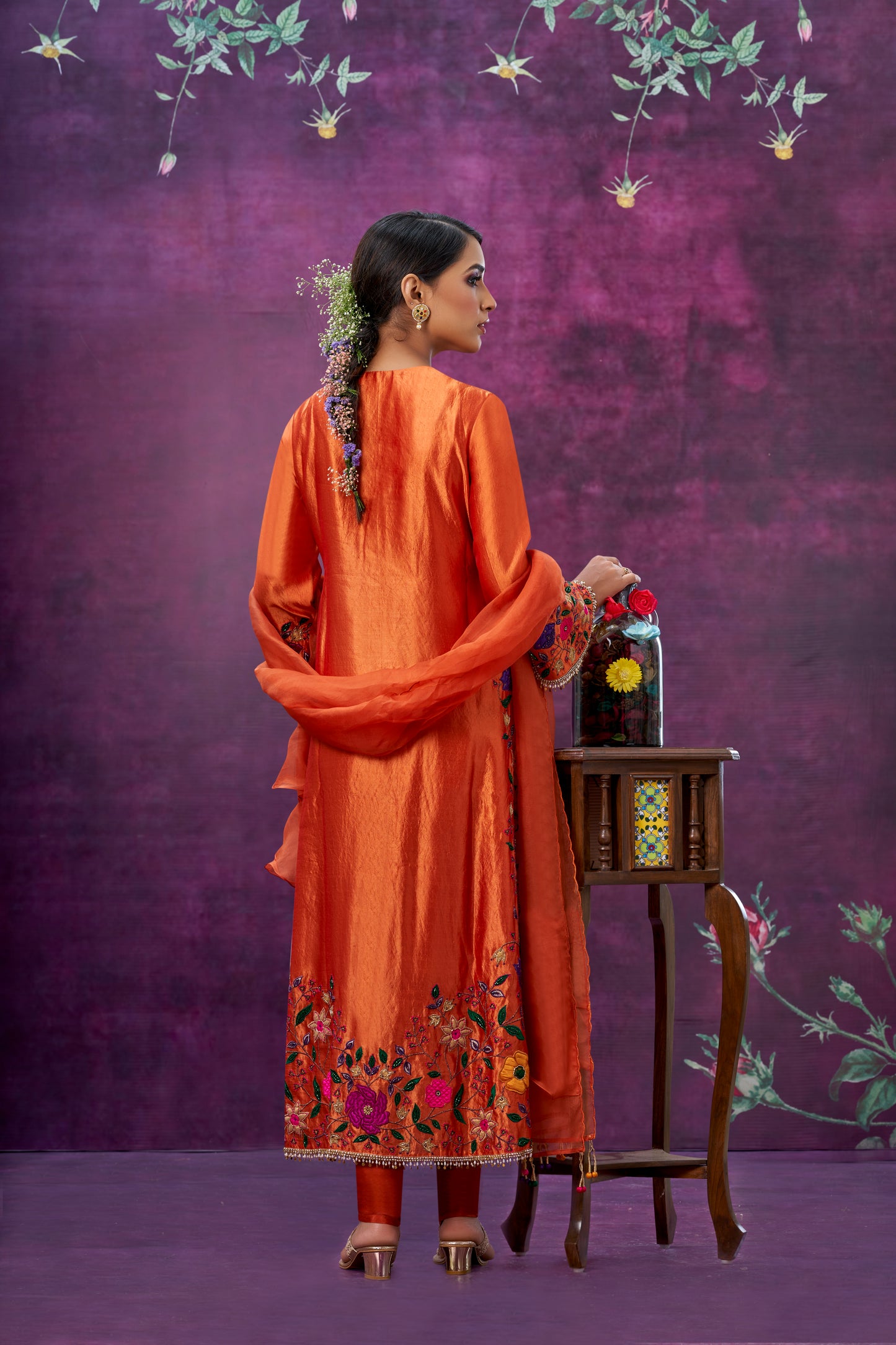 Orange Floral Applique Long Kurta Set