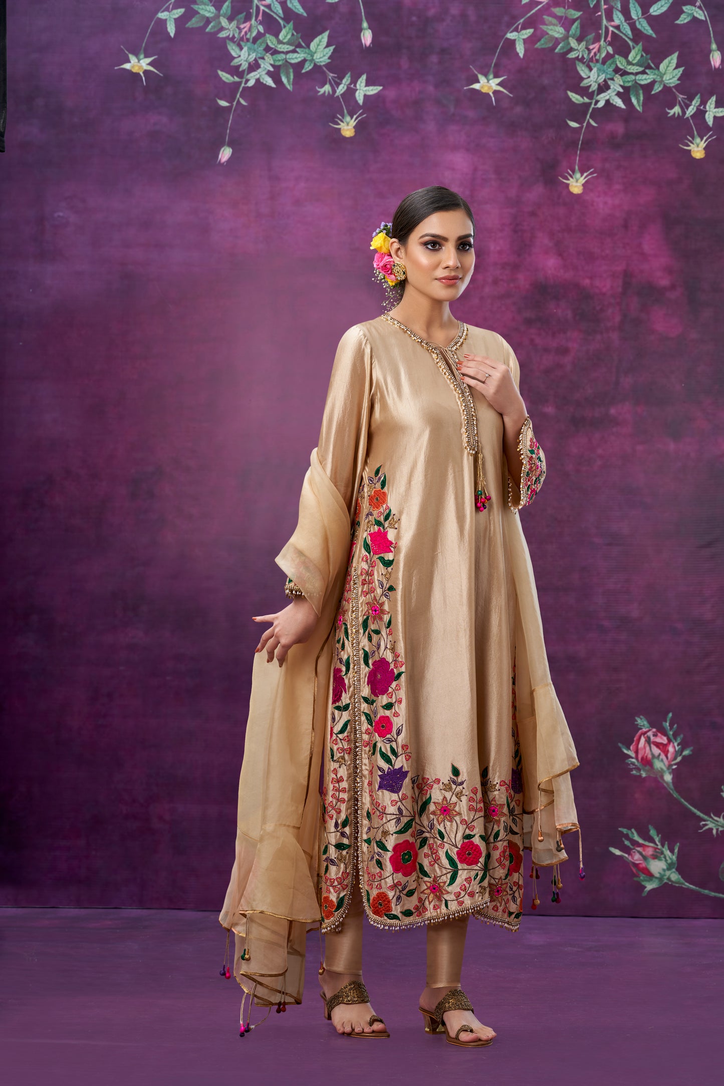 Ivory Floral Applique Long Kurta Set