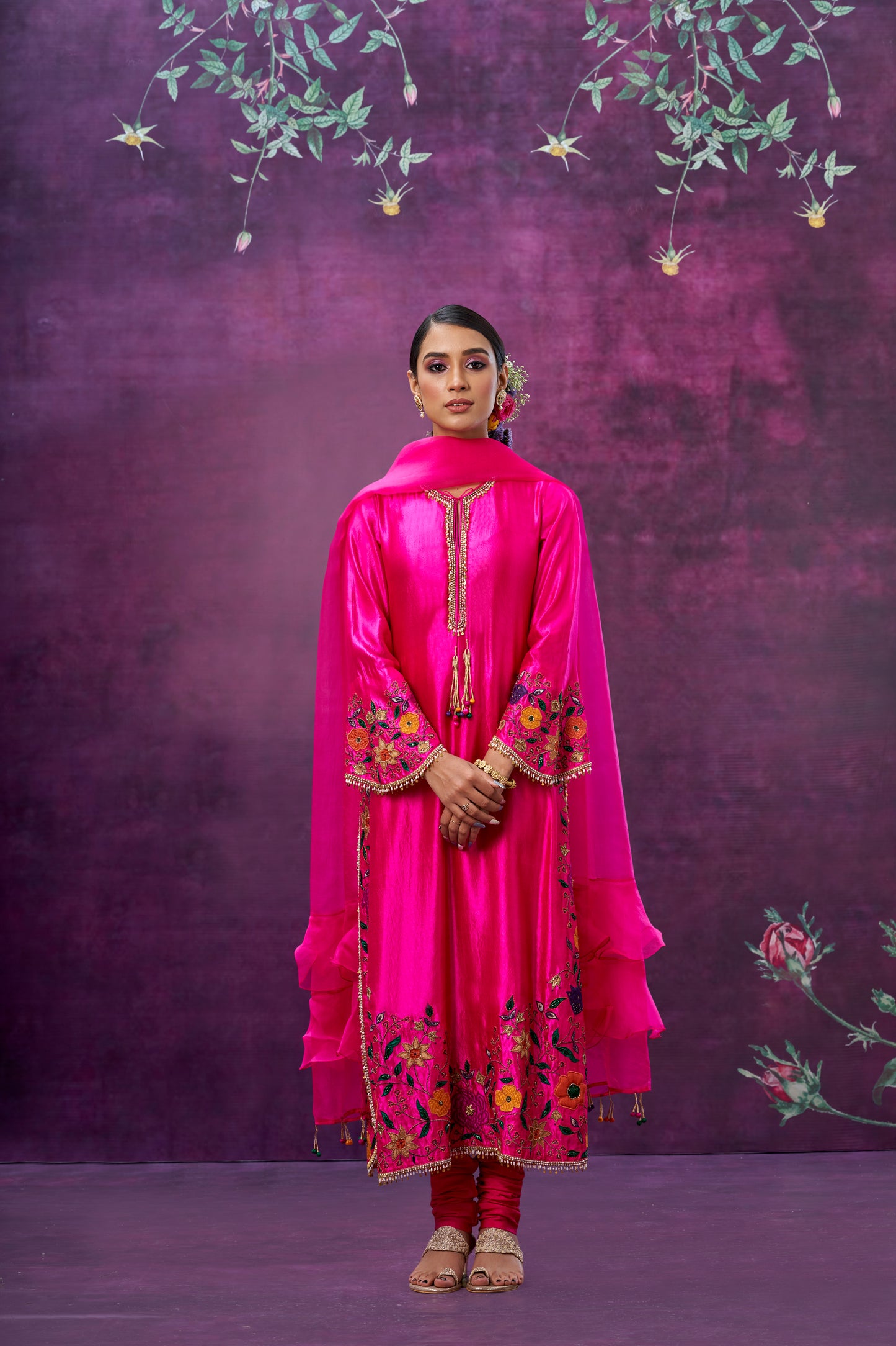 Pink Floral Applique Long Kurta Set