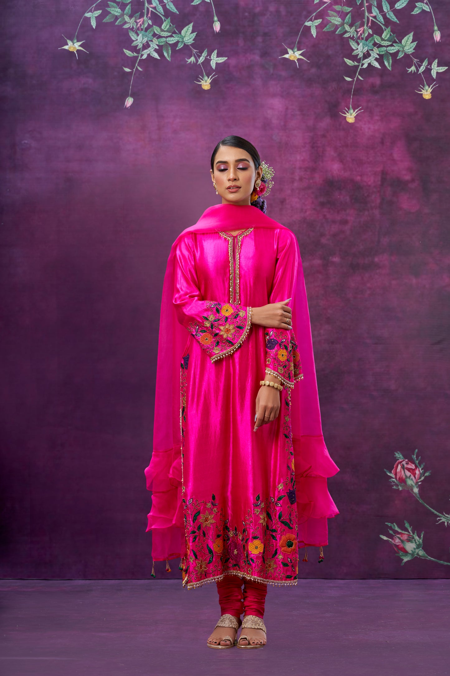 Pink Floral Applique Long Kurta Set