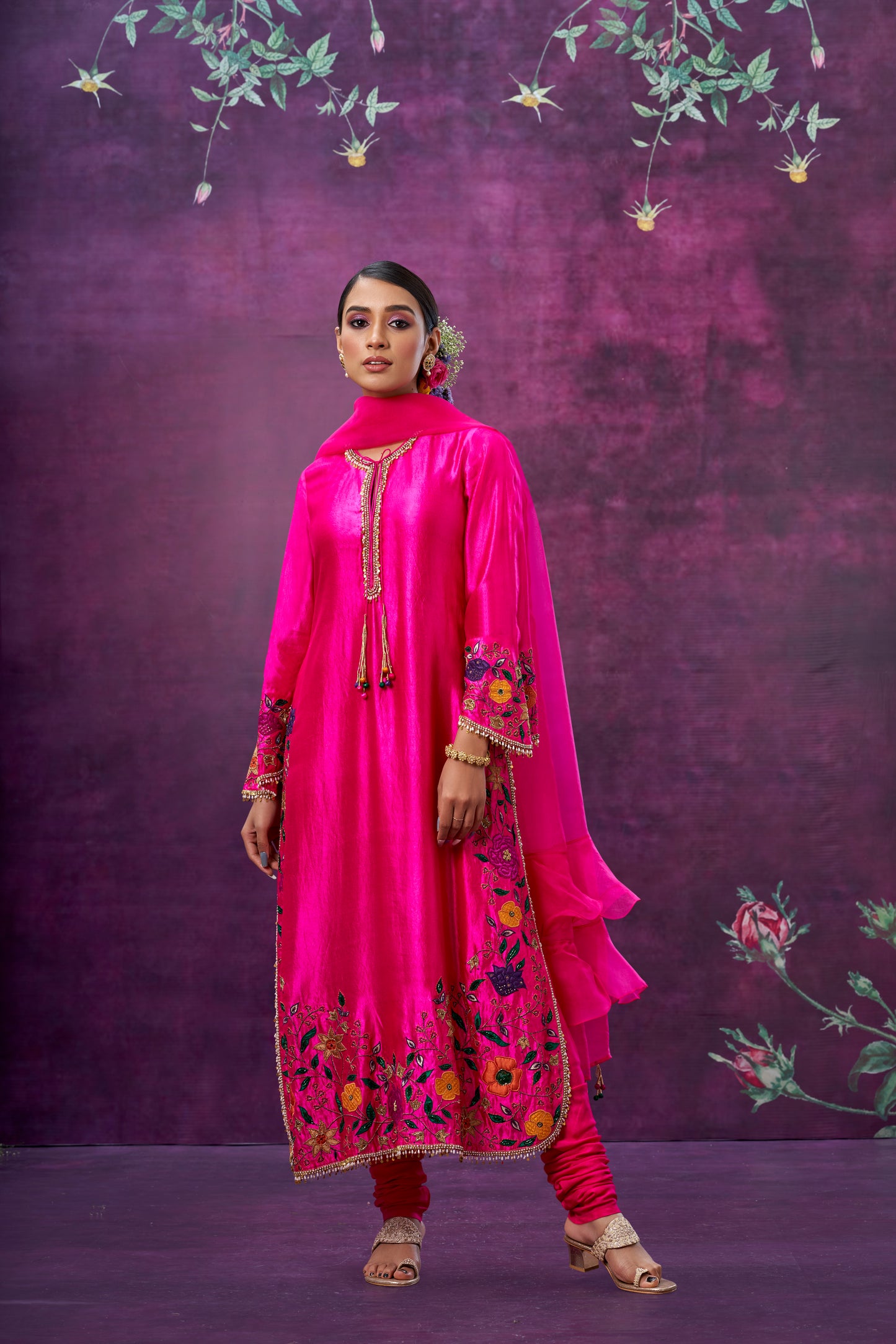 Pink Floral Applique Long Kurta Set