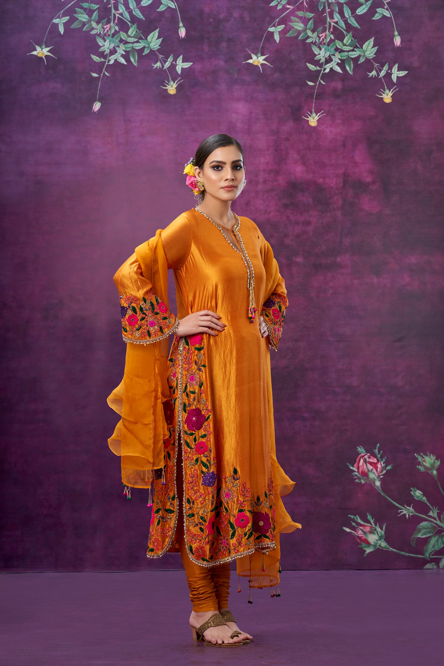 Mustard Floral Applique Long Kurta Set