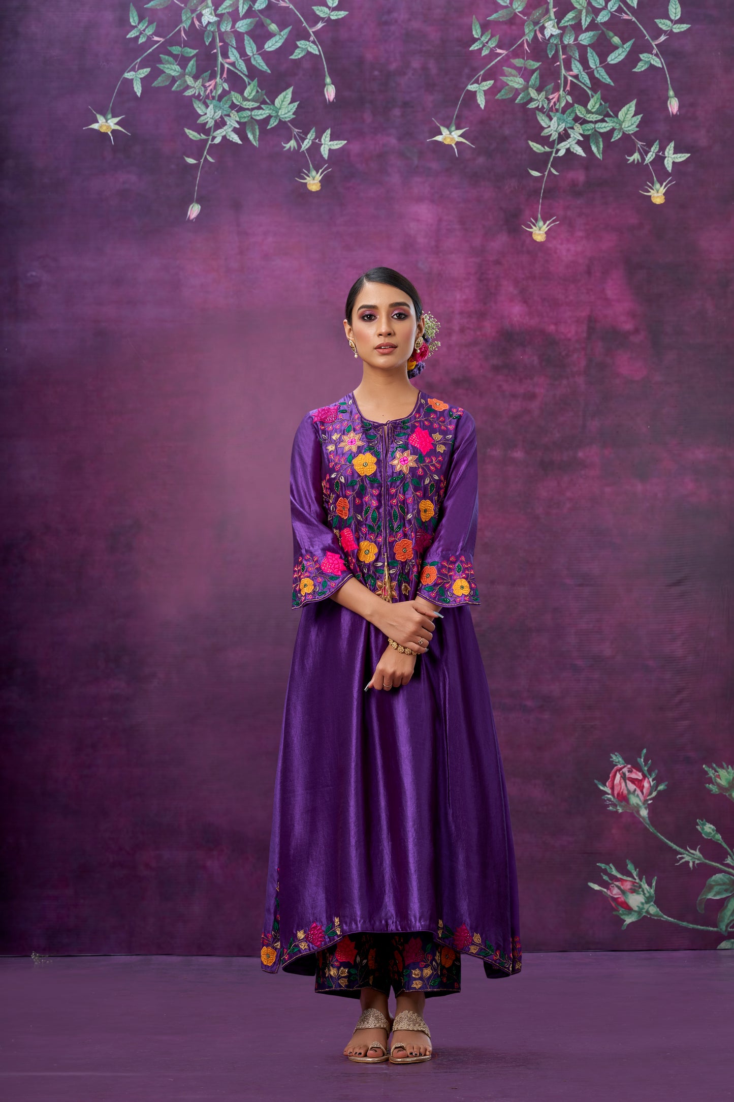 Purple Floral Applique Yoke Kurta Set