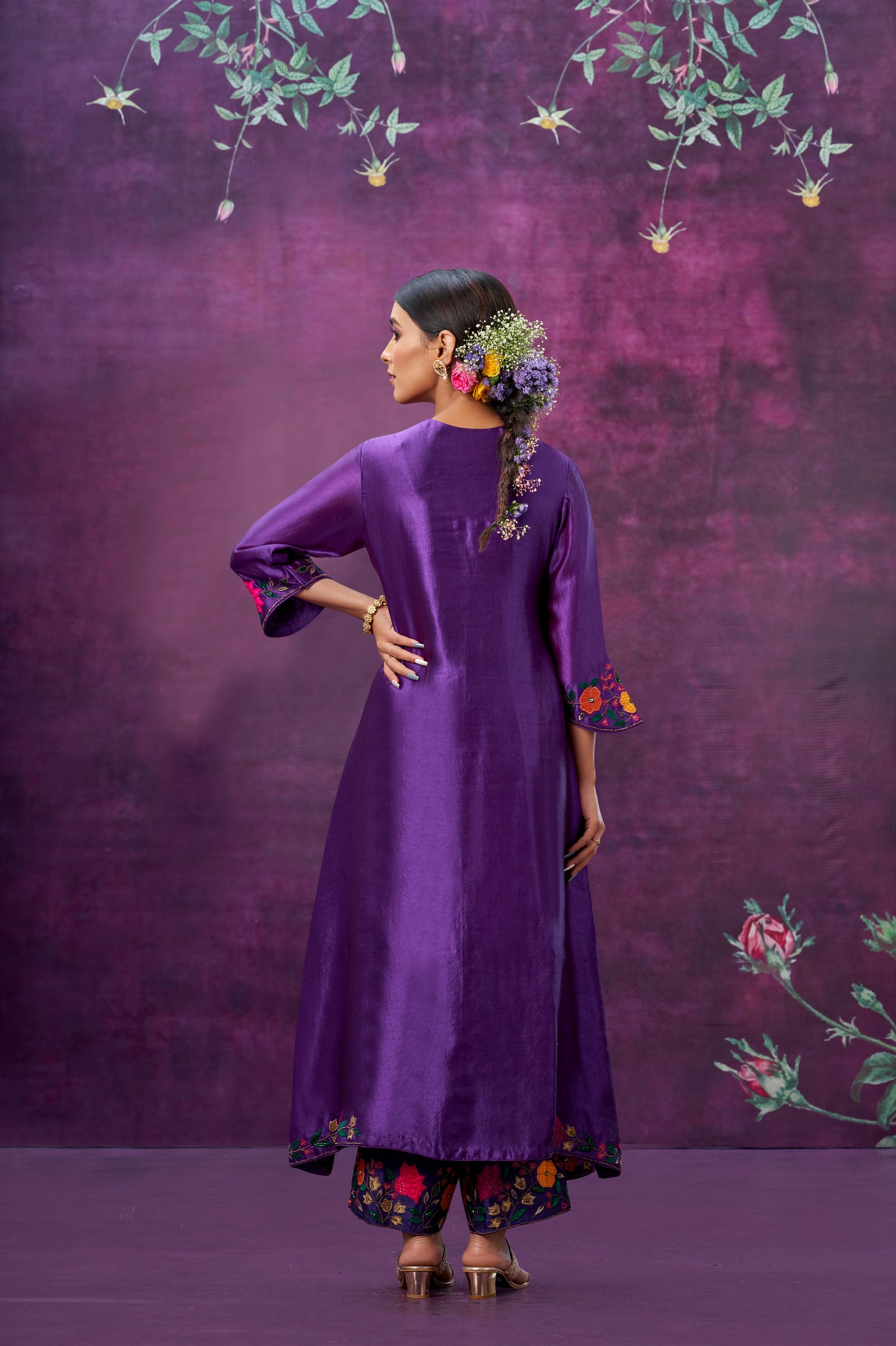 Purple Floral Applique Yoke Kurta Set