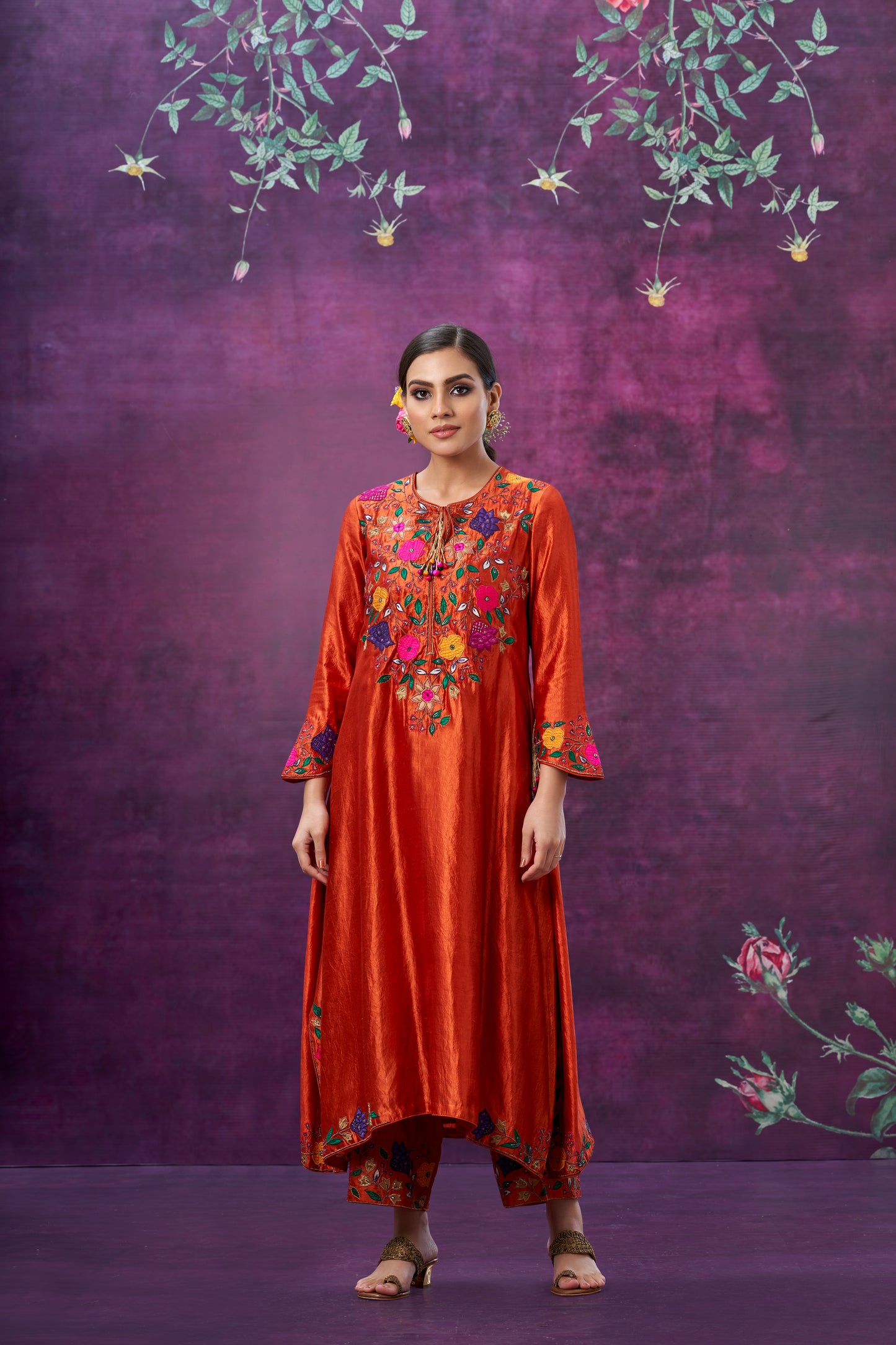 Orange Floral Applique Yoke Kurta Set