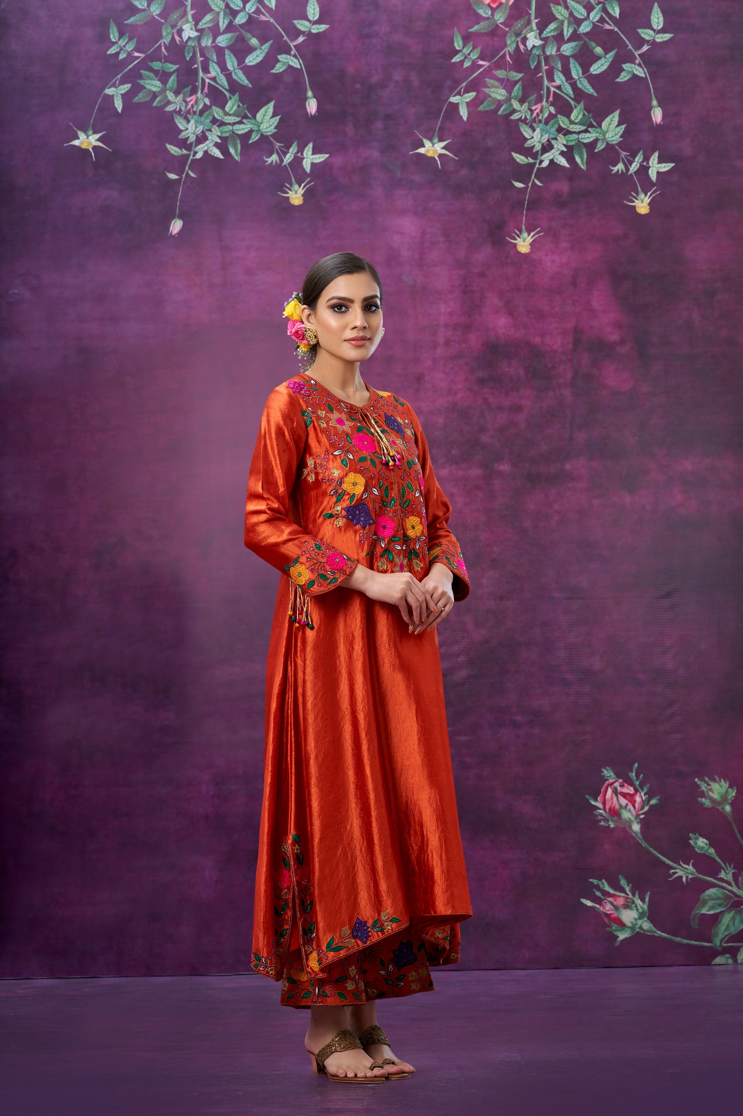 Orange Floral Applique Yoke Kurta Set