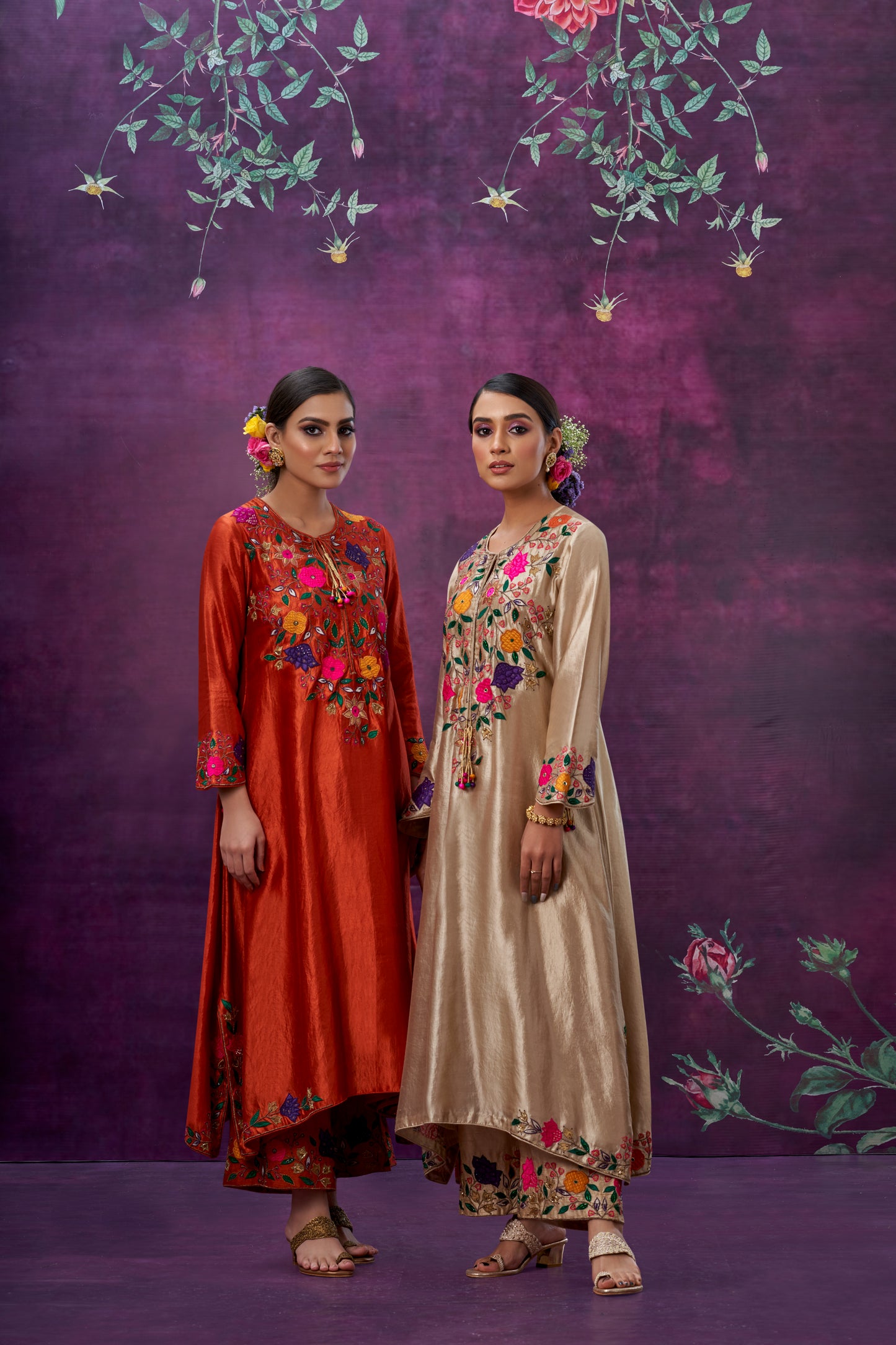 Orange Floral Applique Yoke Kurta Set