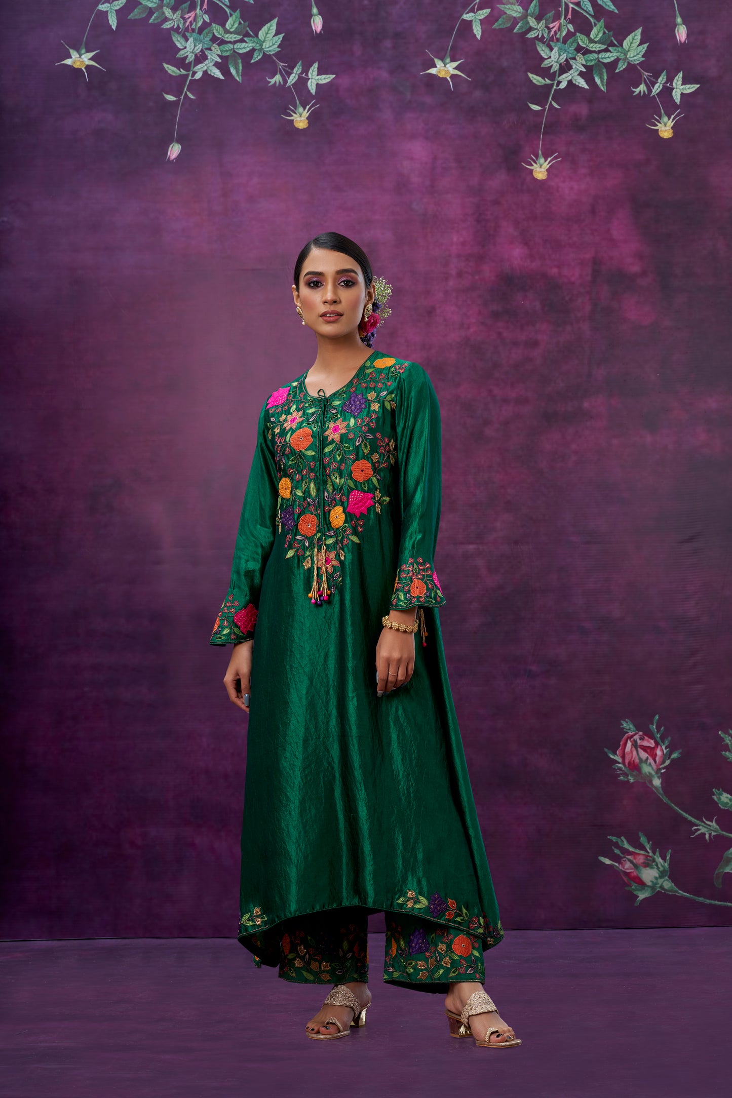 Green Floral Applique Yoke Kurta Set
