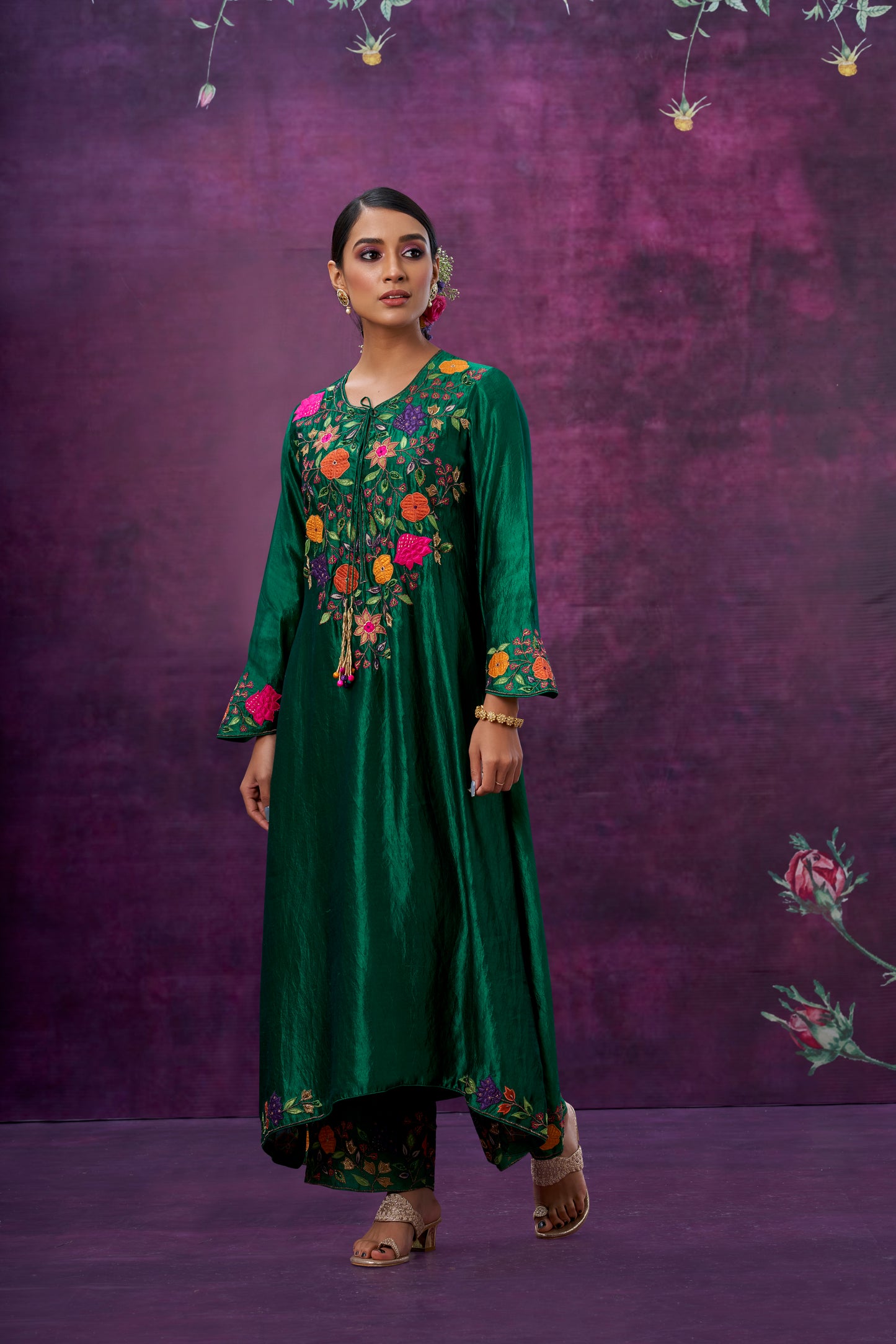 Green Floral Applique Yoke Kurta Set