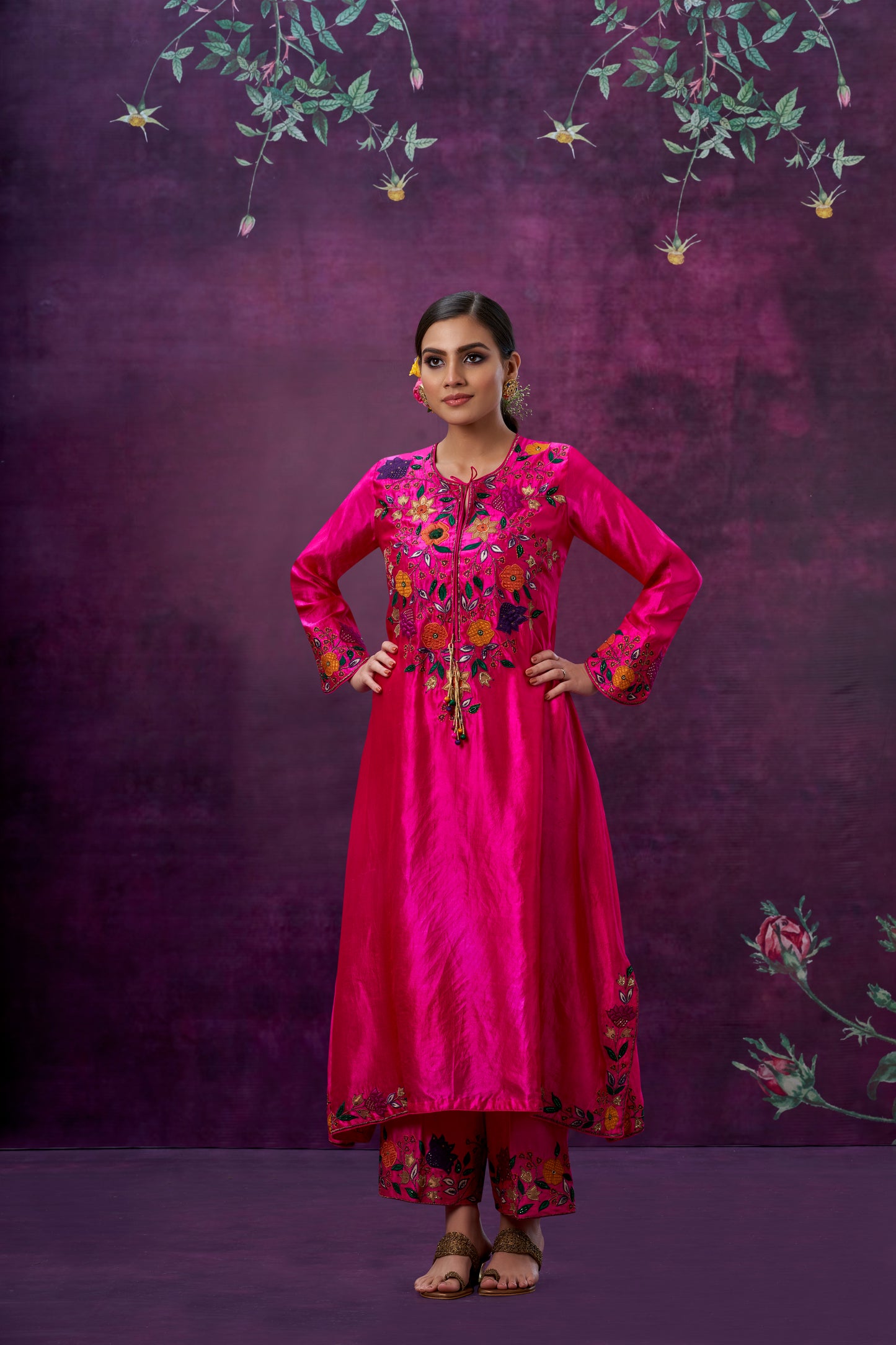 Pink Floral Applique Yoke Kurta Set