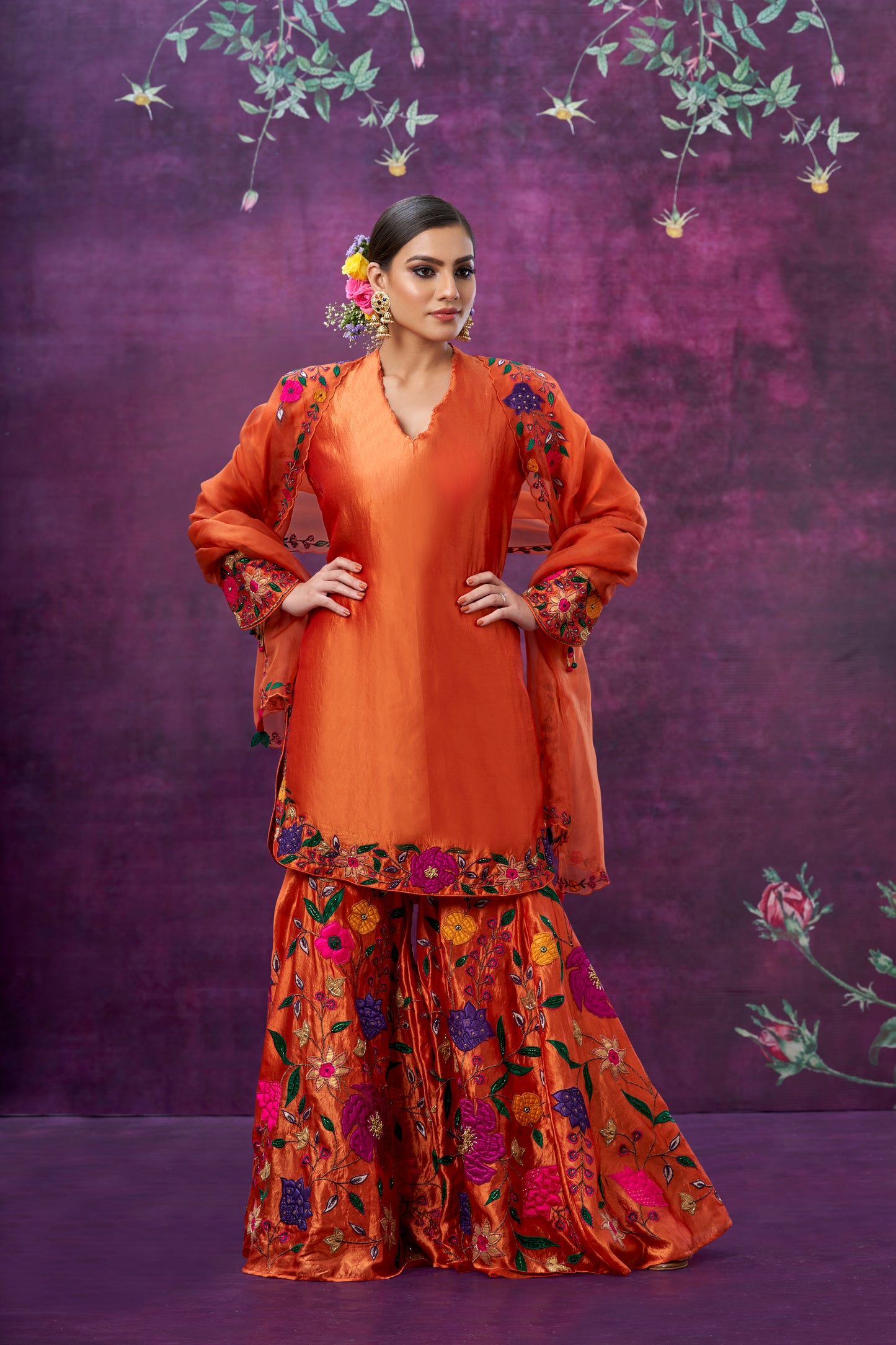 Orange Floral Applique Sharara Set