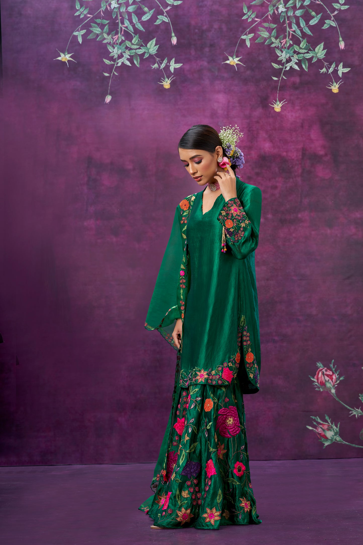 Green Floral Applique Sharara Set