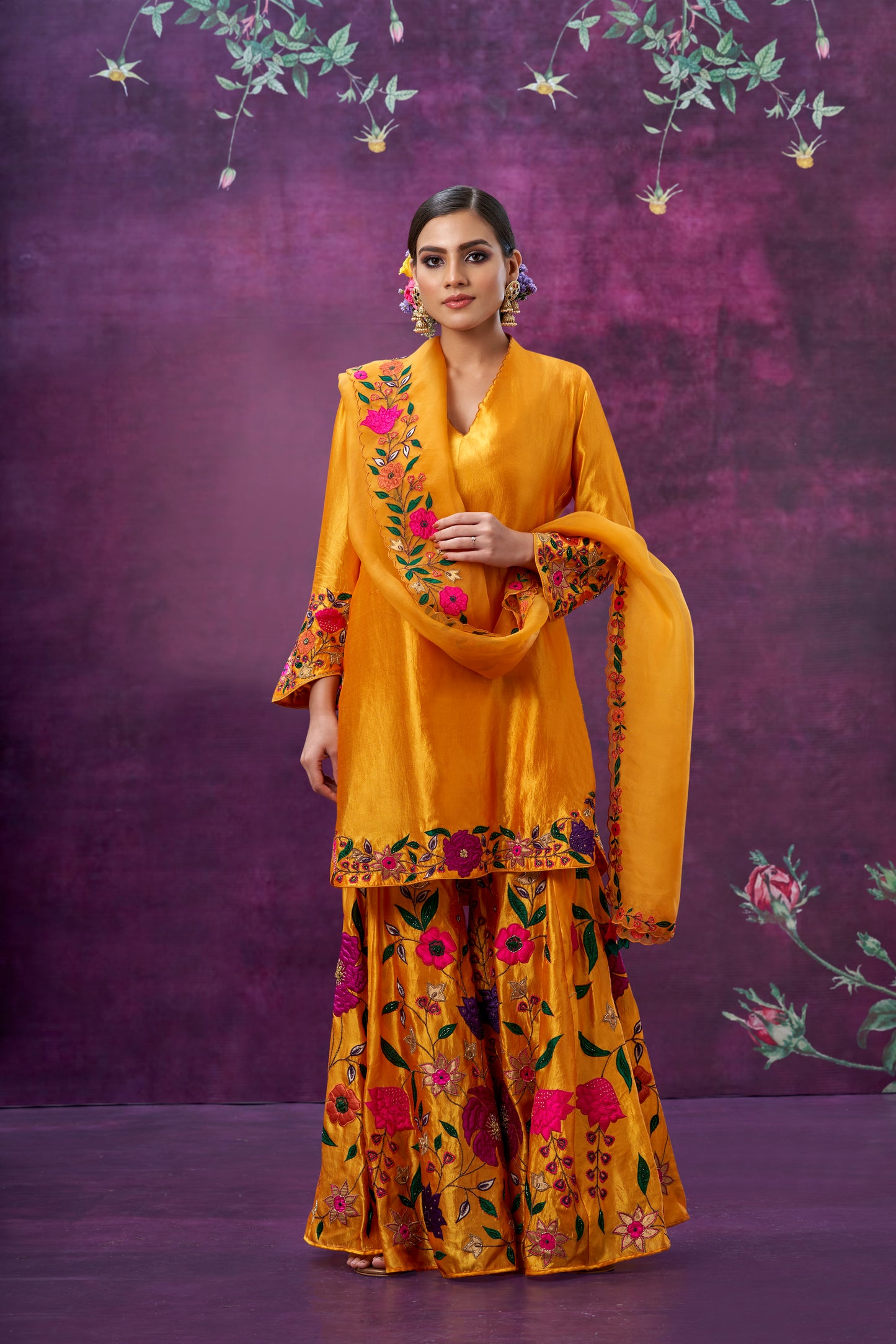 Mustard Floral Applique Sharara Set