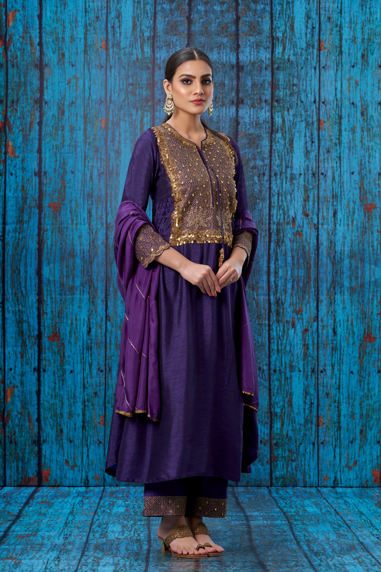 Purple Lotus Yoke Heavy Neck Kurta Set