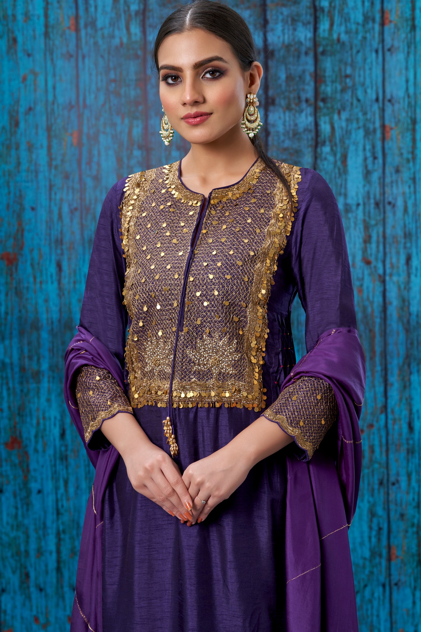 Purple Lotus Yoke Heavy Neck Kurta Set