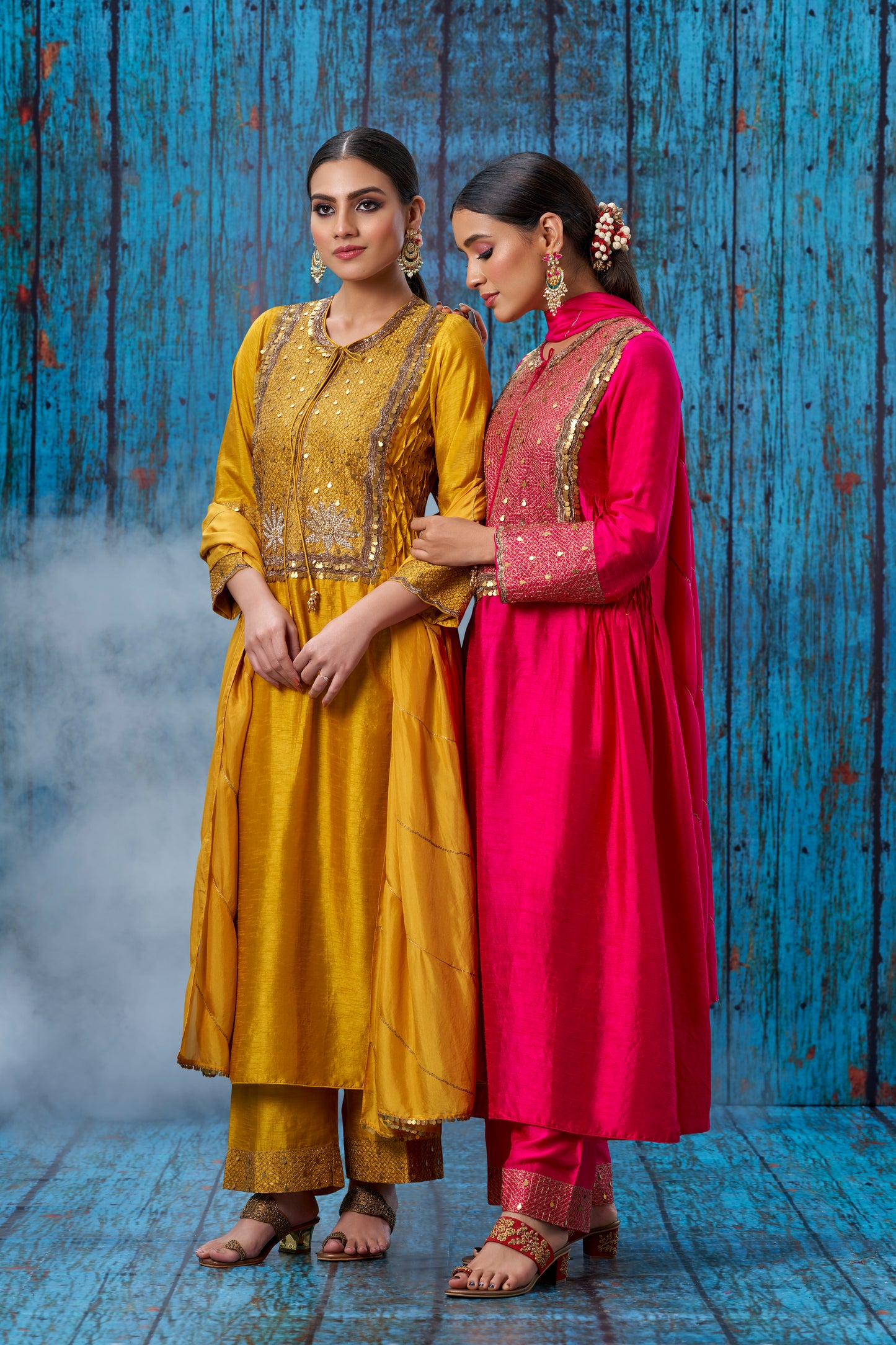 Mustard Lotus Yoke Heavy Neck Kurta Set