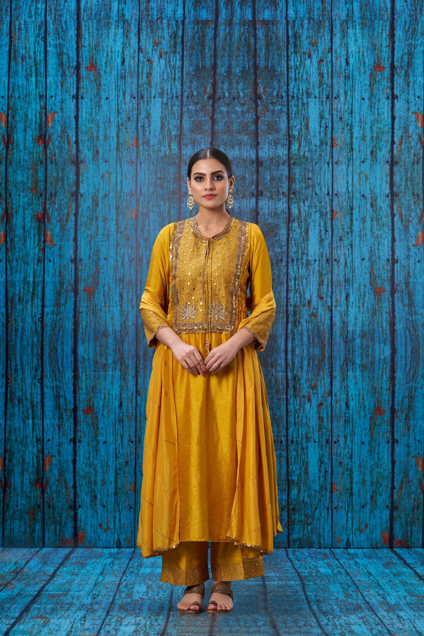 Mustard Lotus Yoke Heavy Neck Kurta Set