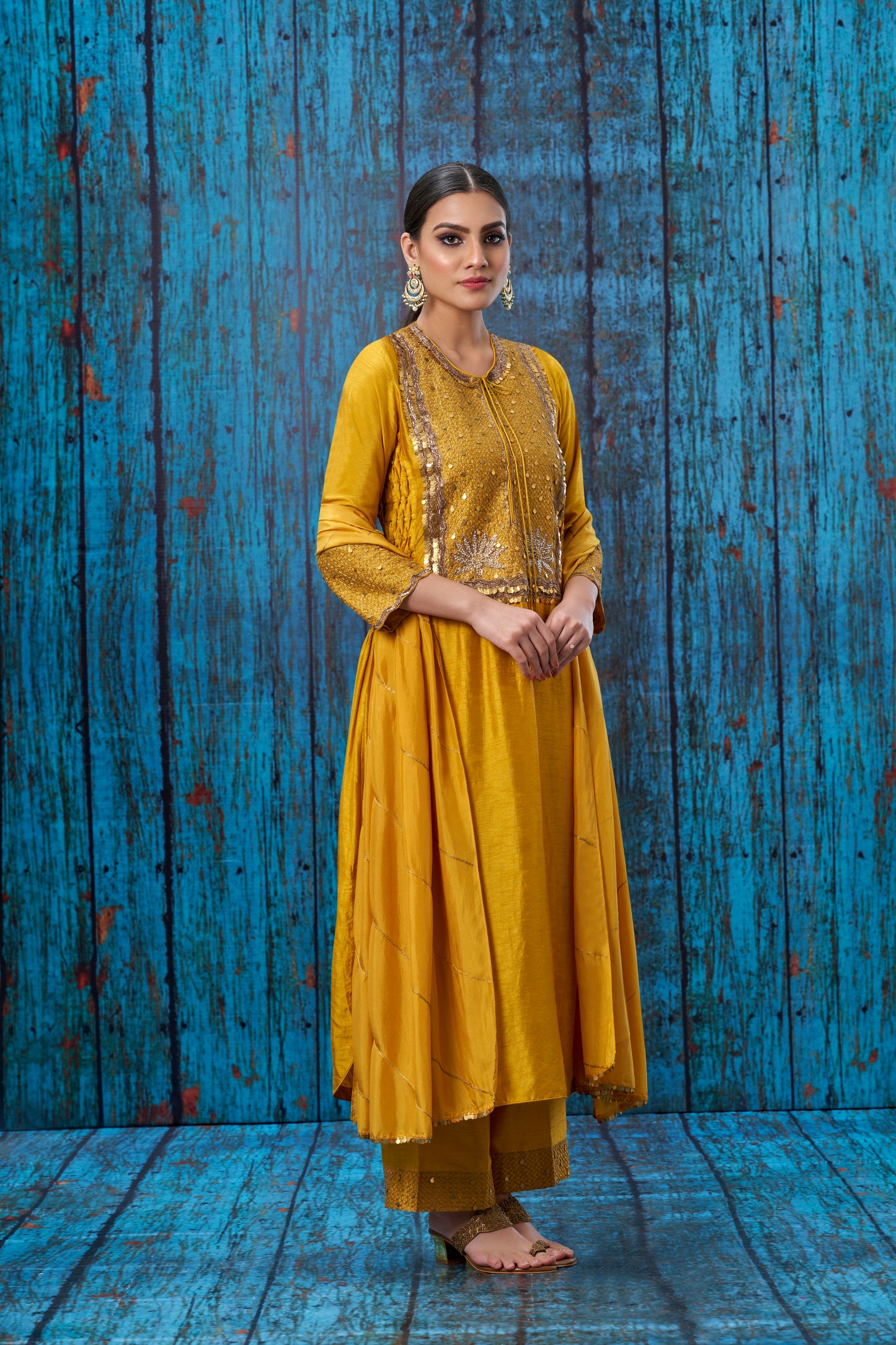 Mustard Lotus Yoke Heavy Neck Kurta Set