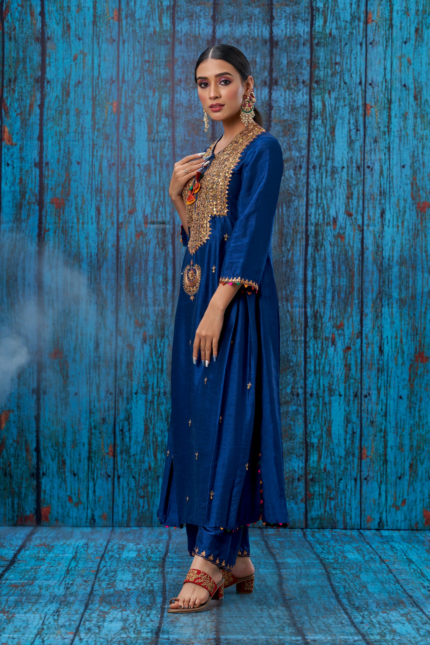 Blue Heavy Tikki Neck Kurta Set