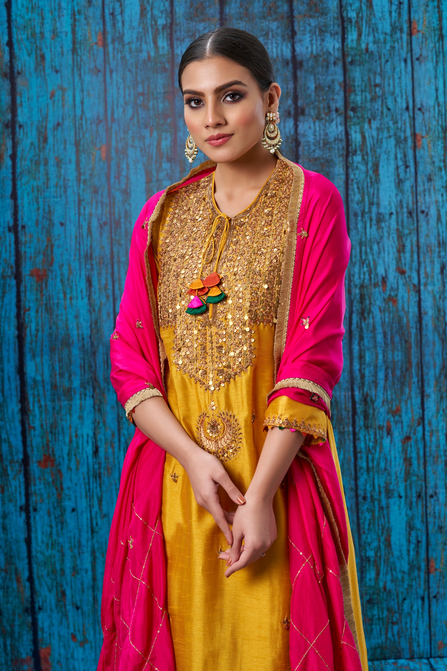 Mustard Heavy Tikki Neck Kurta Set