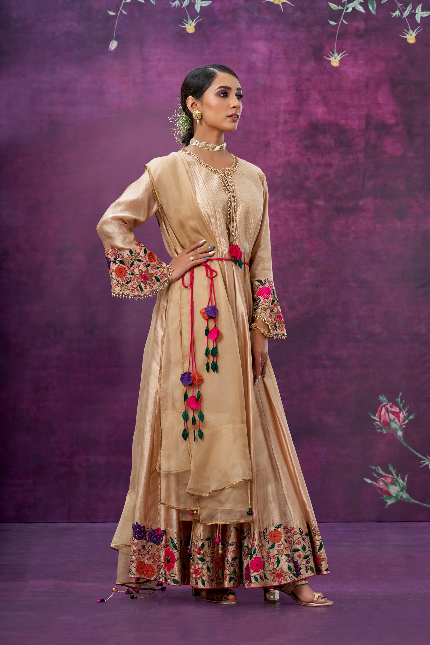 Ivory Floral Applique Anarkali Set