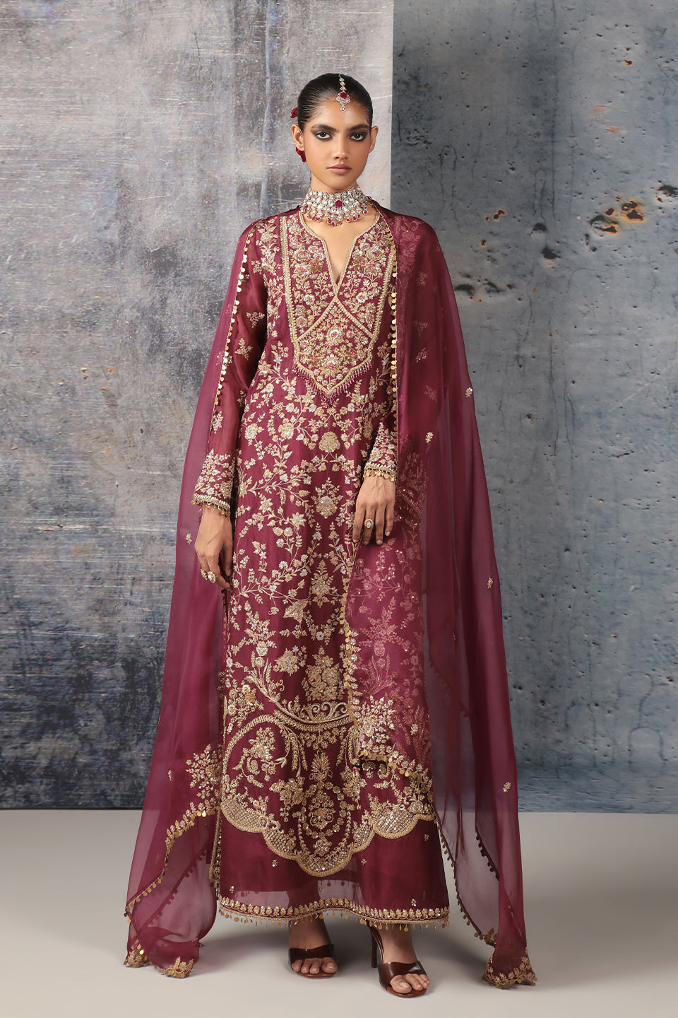 Zar:Rang Wine Long Jaal Kurta Set