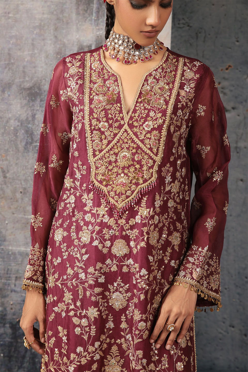 Zar:Rang Wine Long Jaal Kurta Set