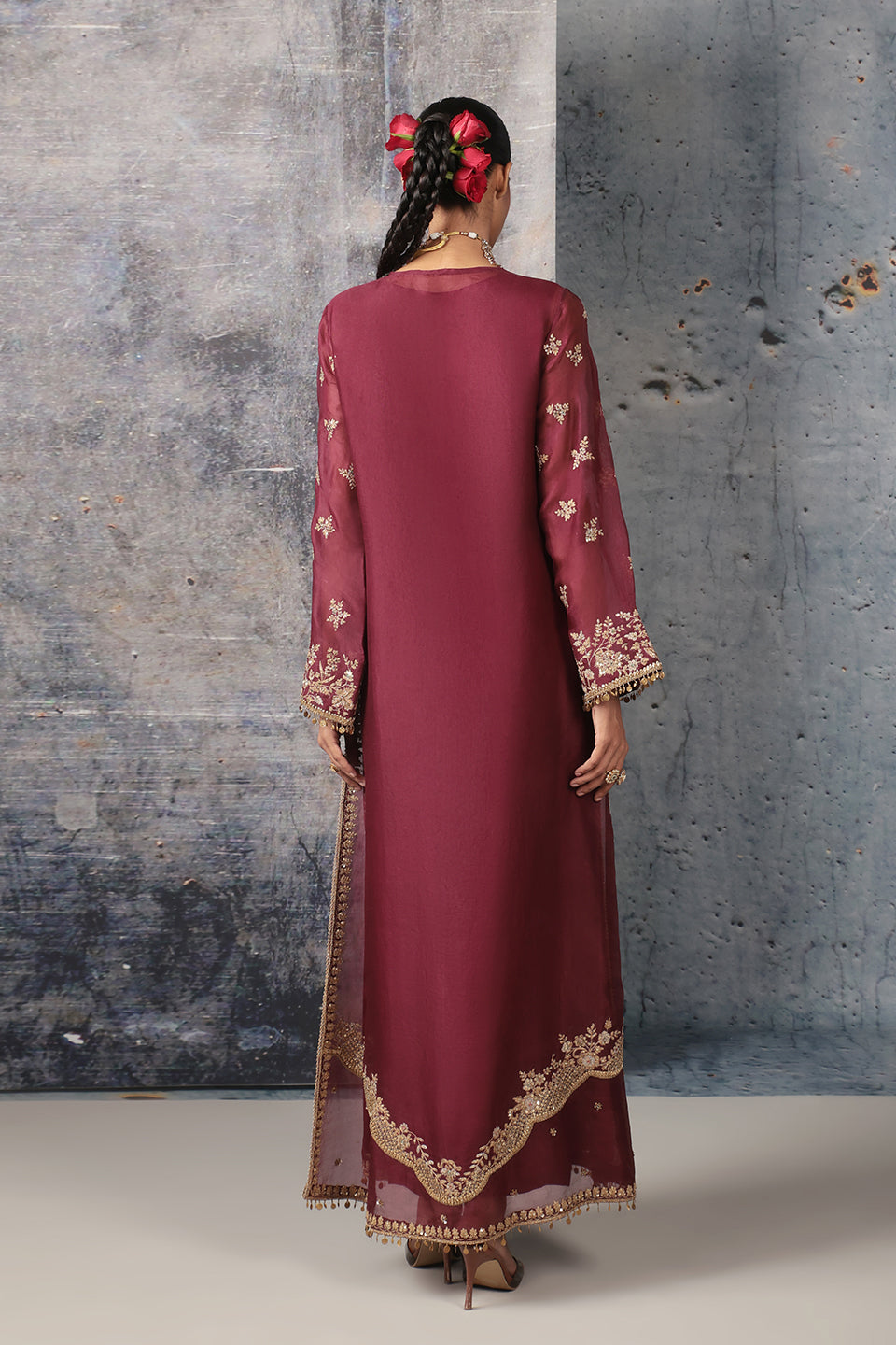 Zar:Rang Wine Long Jaal Kurta Set